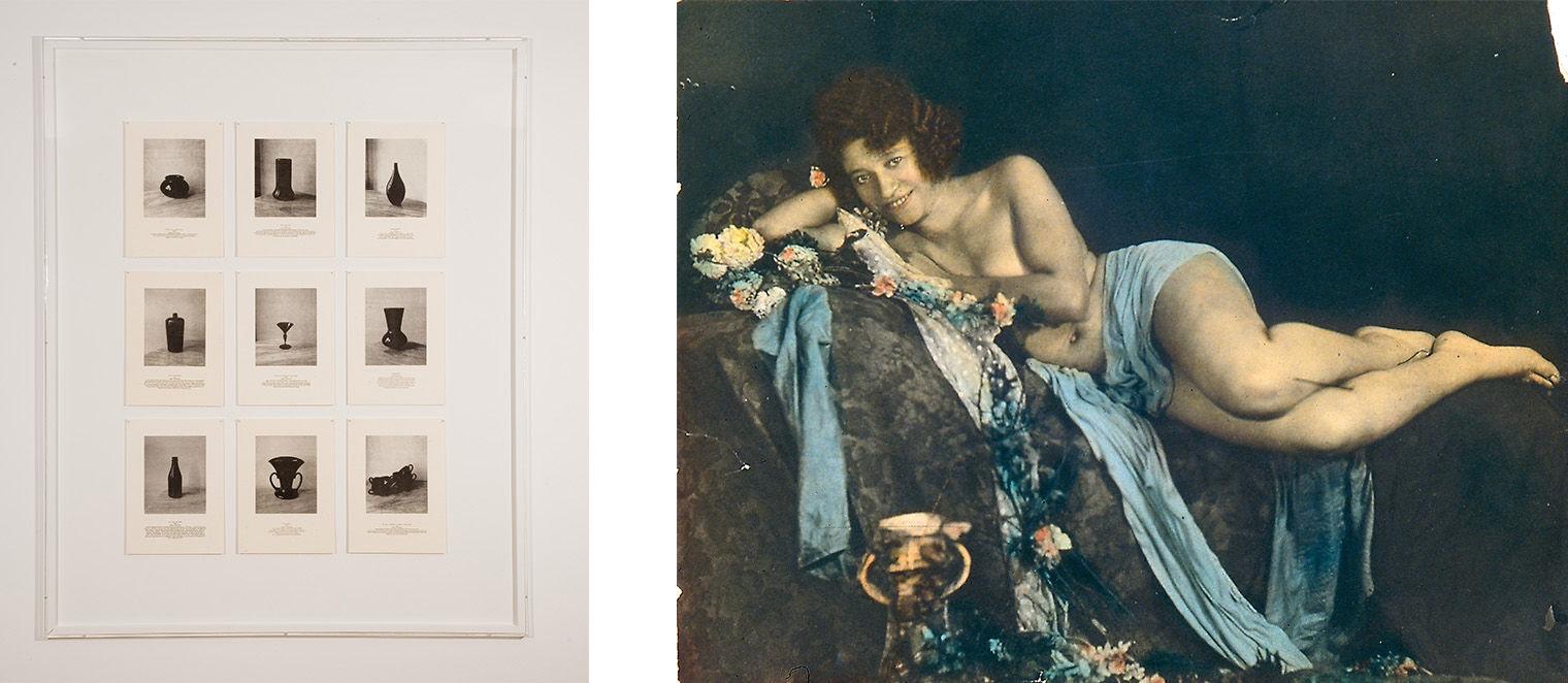 Composite image, left: six black and white polaroids, right: painting of person lying down draped in blue cloth against dark background