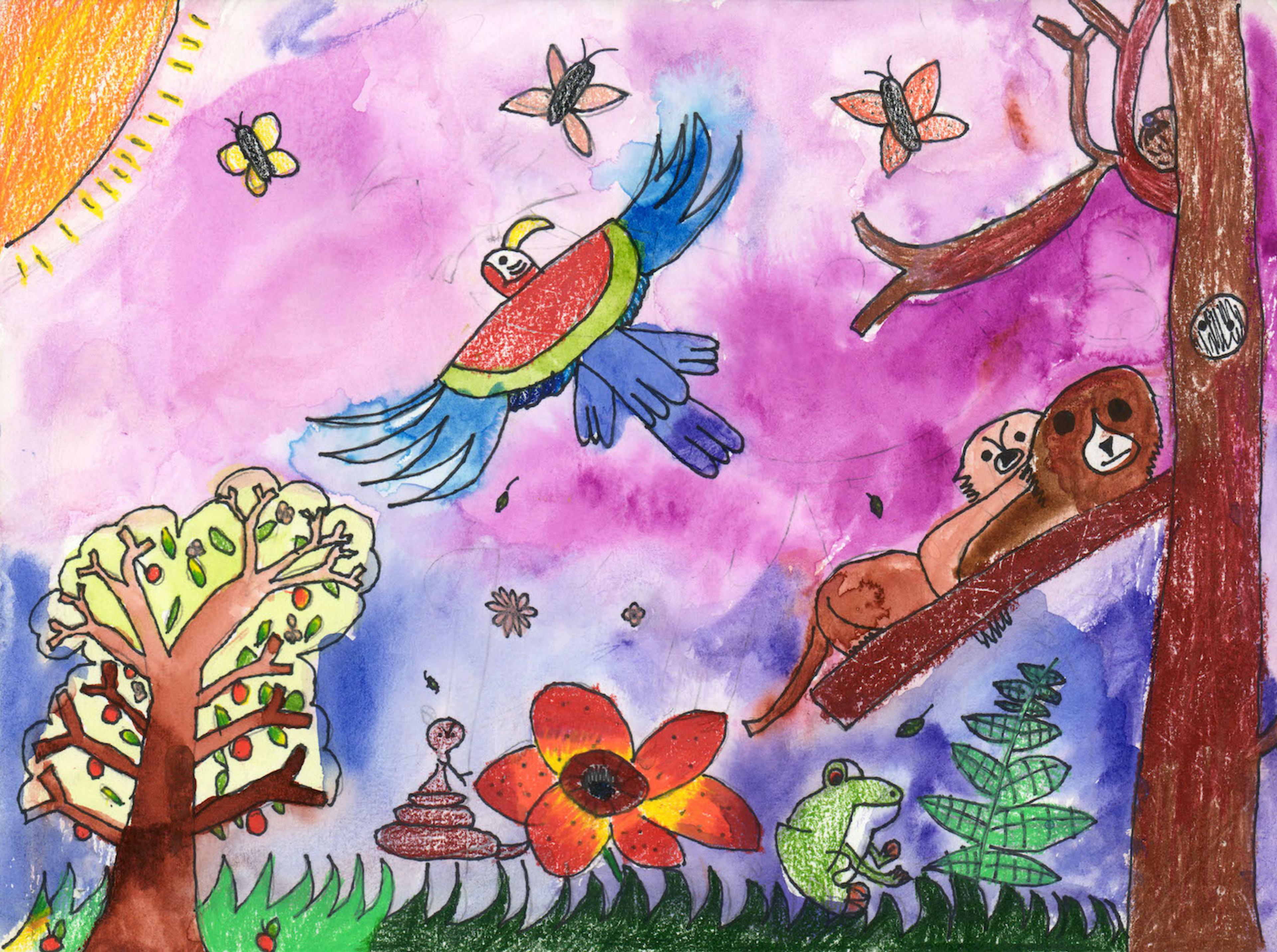 Mixed media illustration of various animals in a natural setting. A large, partially cropped orange sun shines from the top left corner of the image. The sky is colored violet at top and purple at bottom. A large blue and red toucan flies with its wings spread in the top center of the illustration. One yellow and two orange butterflies float in a horizontal row above the toucan. A tree with yellow green leaves bearing red fruit is shown at bottom left, sprouting upward from green grass. A bottom center, a coiled brown snake sits next to a large, orange petaled flower to the right. A frog sits next to a green leafed plant at bottom right. At far right, a male and female lion are perched on the thick branch of a tall brown tree which extends all the way out the top edge of the image.