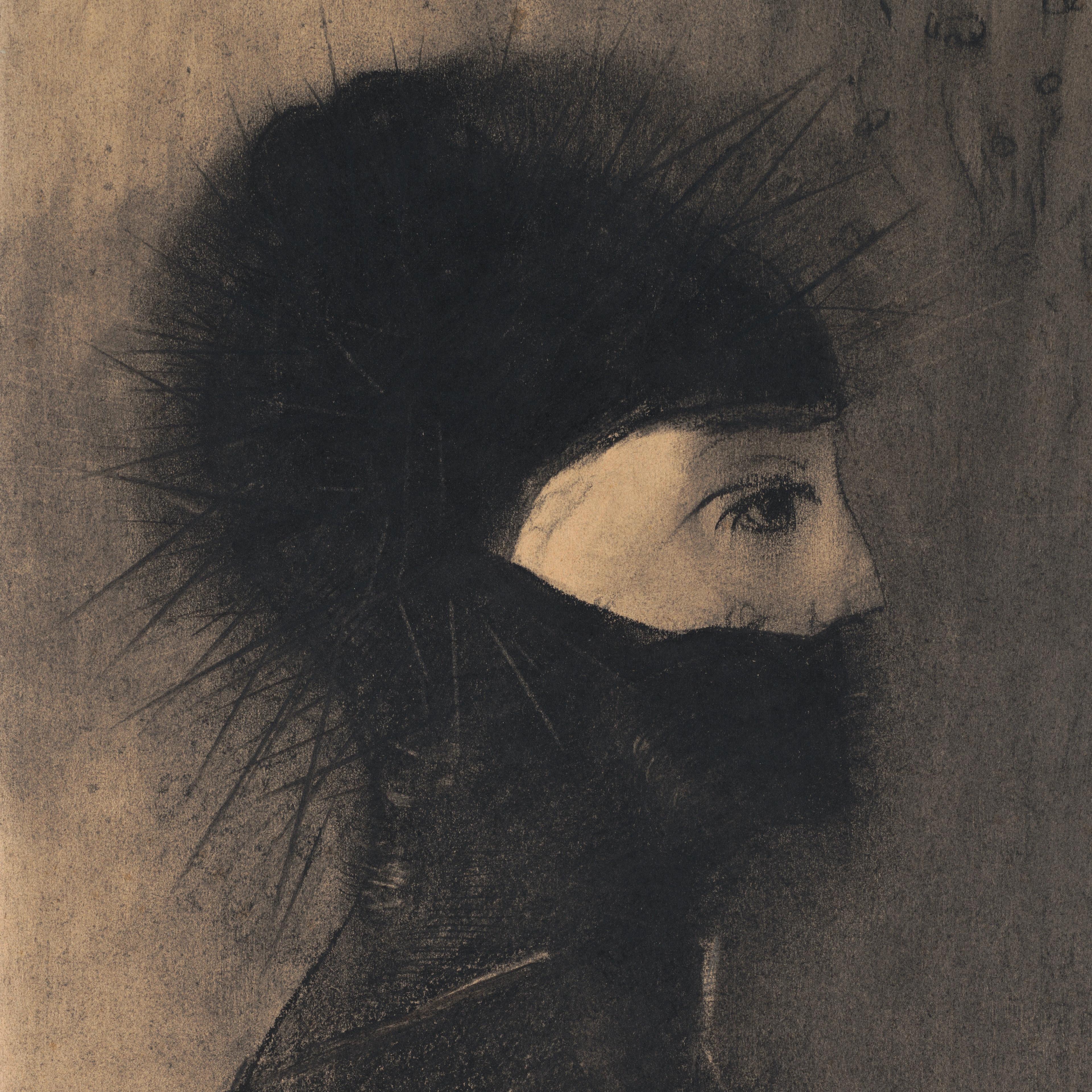 A nightmarish charcoal drawing of a human face in profile, with a skin-tight, black mask covered in spikes covering every part of the head except the eyes and nose.