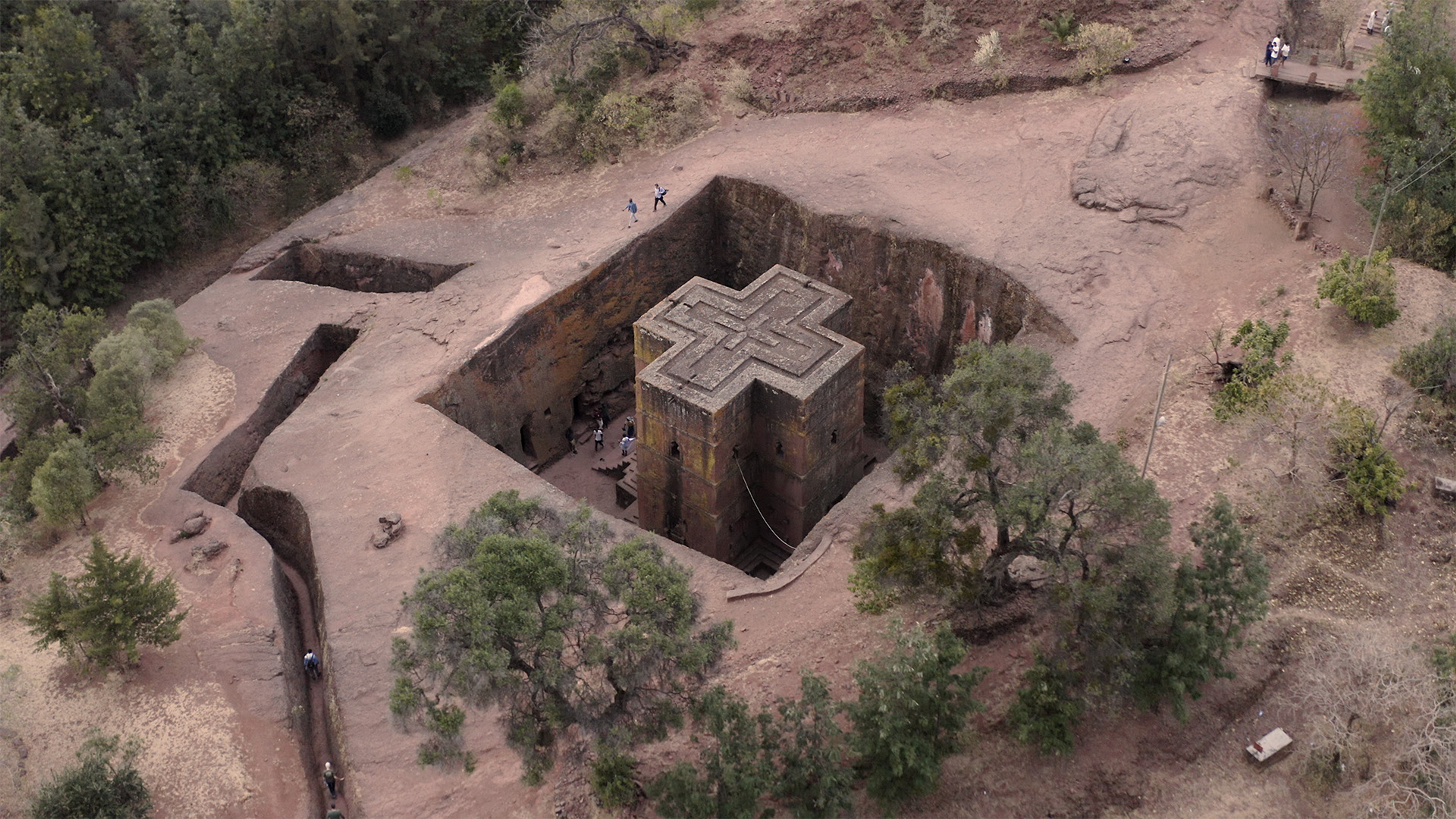 Aerial view of church in the shape of a cross