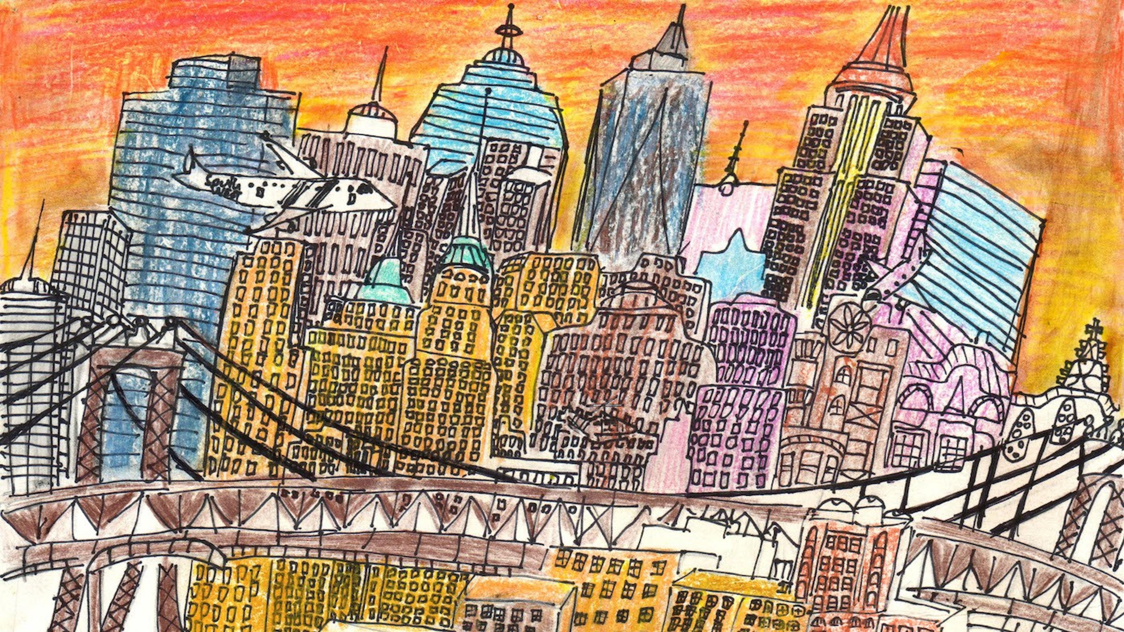 drawing of the New Nork city skyline with a sunset