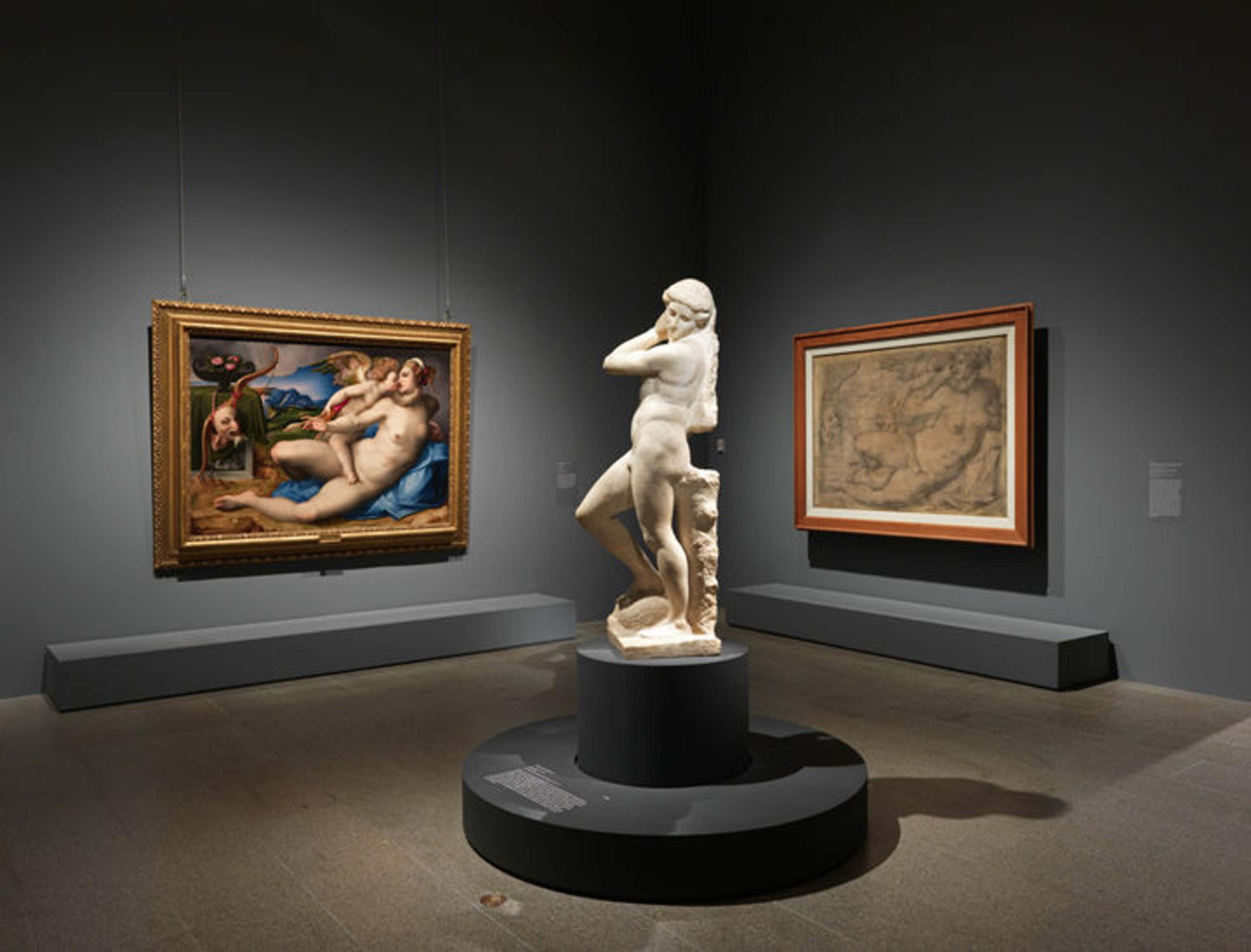 Gallery view of the exhibition 'Michelangelo: Divine Draftsman and Designer' showing a marble sculpture, an oil painting, and a drawn cartoon of Venus and Cupid