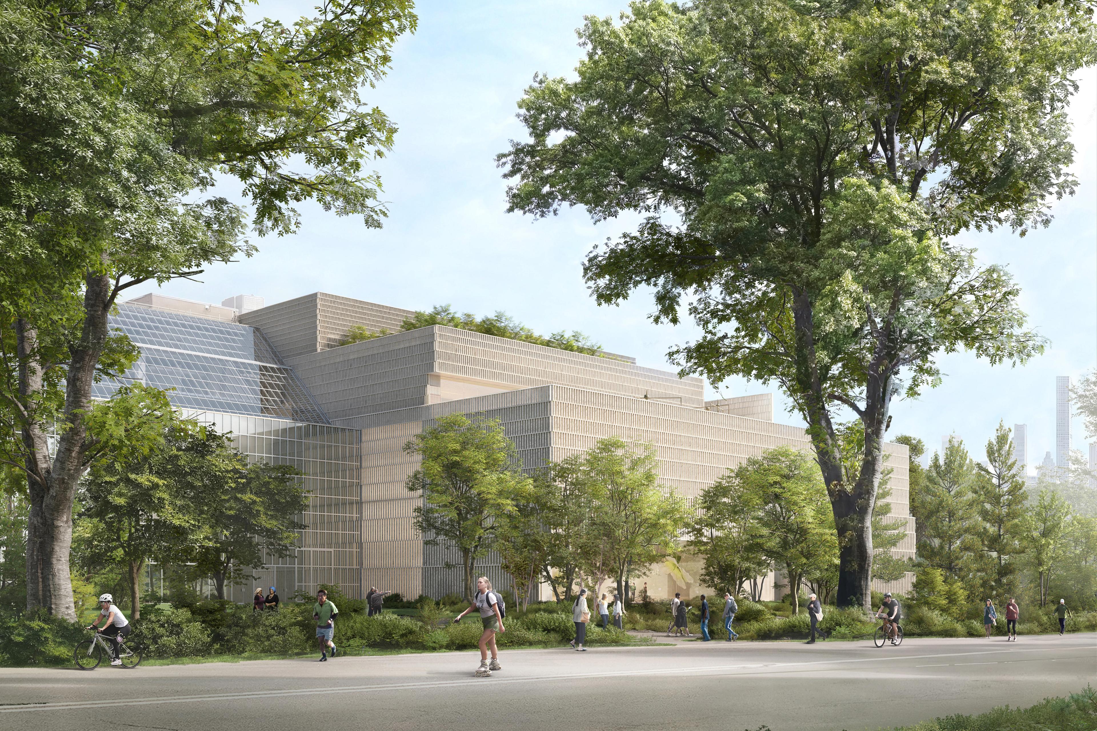 Exterior rendering of The Met's new Tang Wing from Central Park. Pedestrians skate, bike, and jog along the path in the foreground, while the glass and beige facade of the new wing rise in the background.