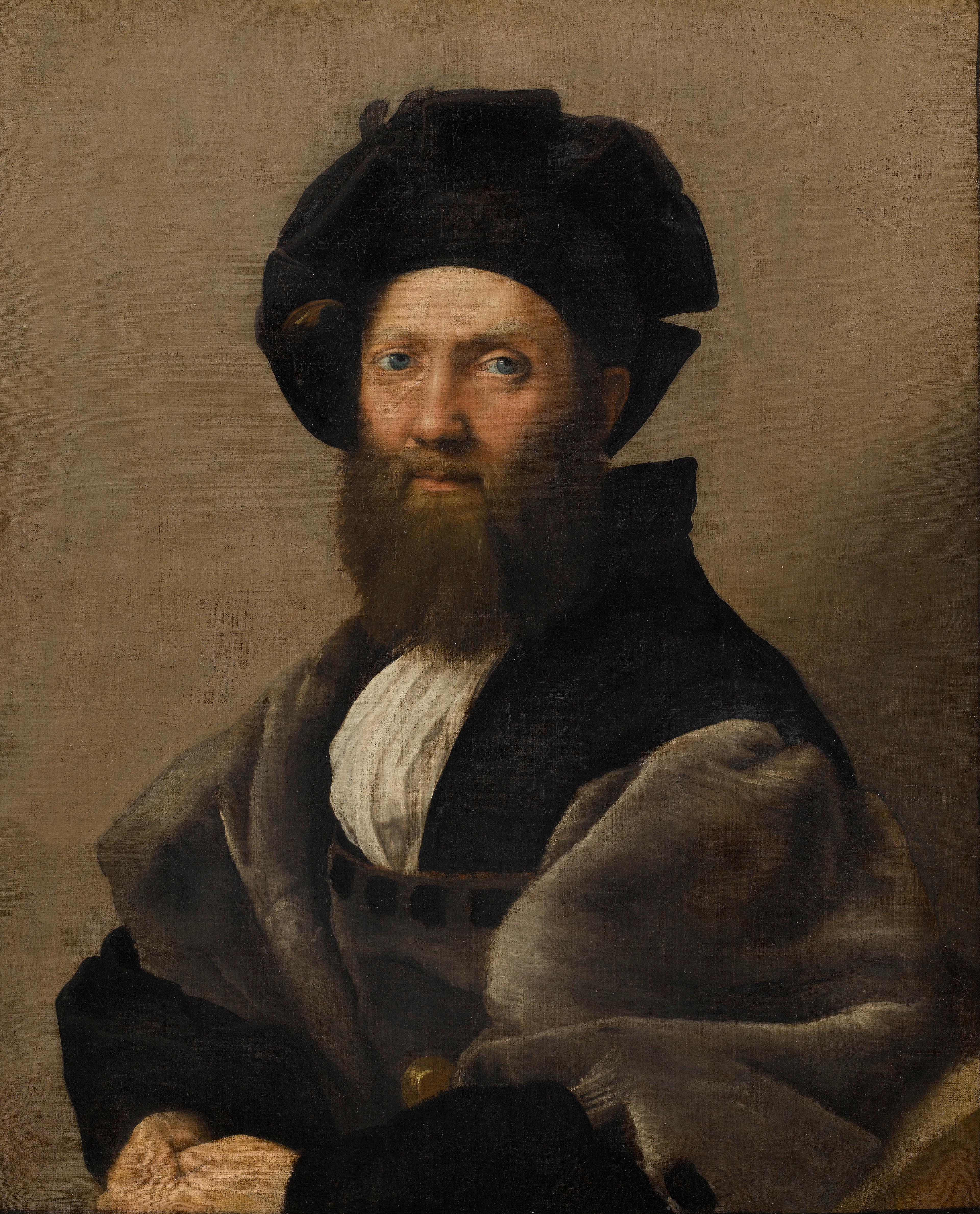 Portrait of an older, white male with a very long beard and black outfit. He his also wearing a black, round hat that covers all of his head. He is also draped with a sumptuous grey fur outfit.