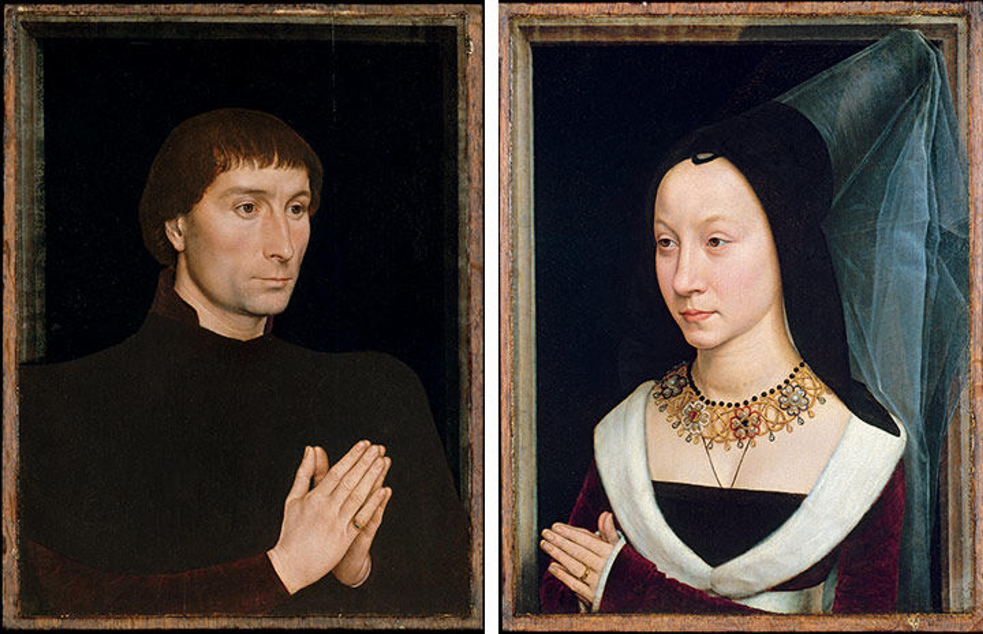 Two portraits by Hans Memling of Tommaso and Maria Portinari, both in black with hands clasped in prayer