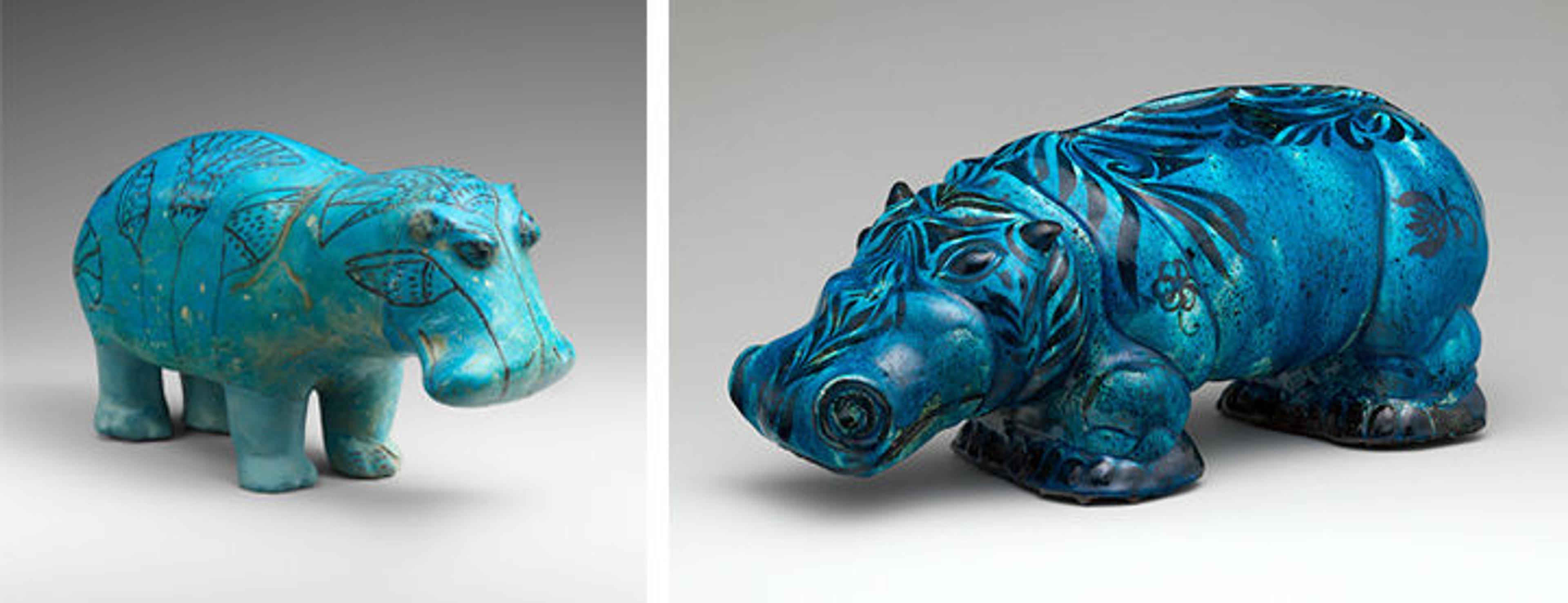 On the left, an ancient Egyptian hippopotamus nicknamed William made with blue faience. On the right, a modern hippopotamus by Carl Walters made with earthenware and blue glaze.  