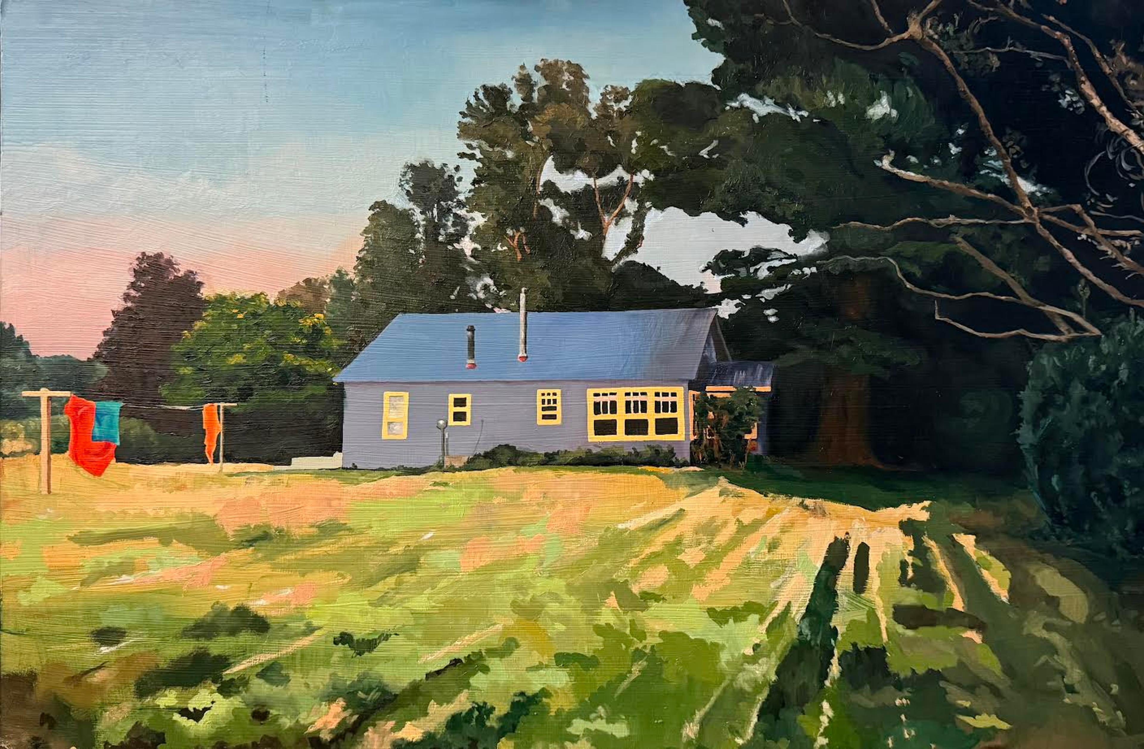 A blue house and yard with laundry hanging on a clothes line, painted at sunset.