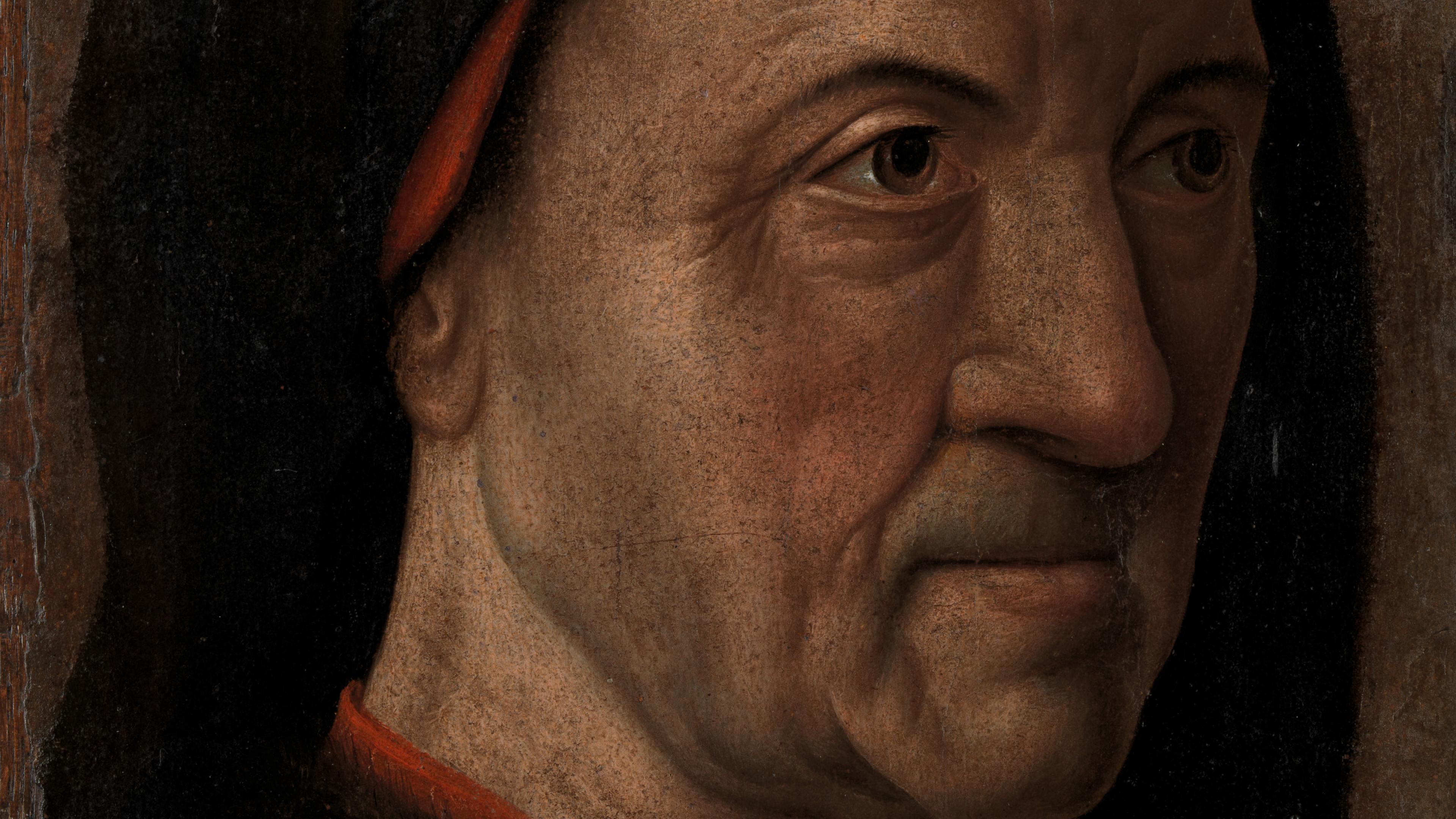 Portrait detail depicting the worn, wrinkled face of an older man.