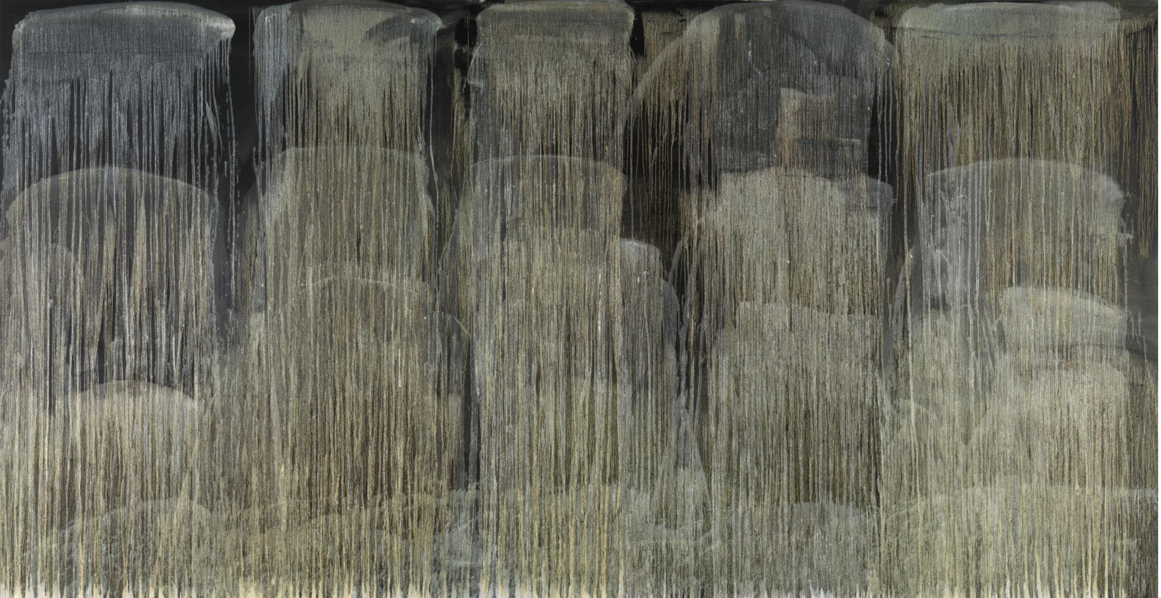 Abstract oil on canvas of beige and neutral-hued lines pouring down over a black canvas.