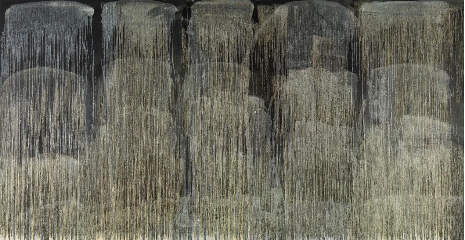 Abstract oil on canvas of beige and neutral-hued lines pouring down over a black canvas.