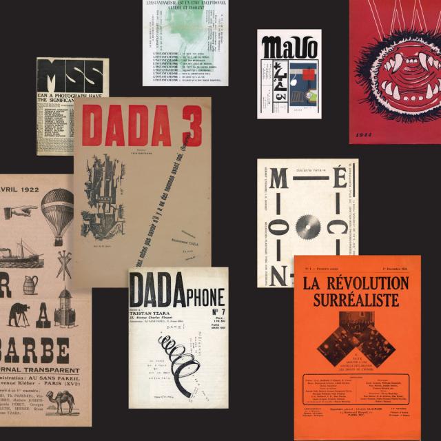 A collage of historical Dada and Surrealist magazine covers from the early 20th century featuring eclectic designs, typography, and illustrations on a black background.