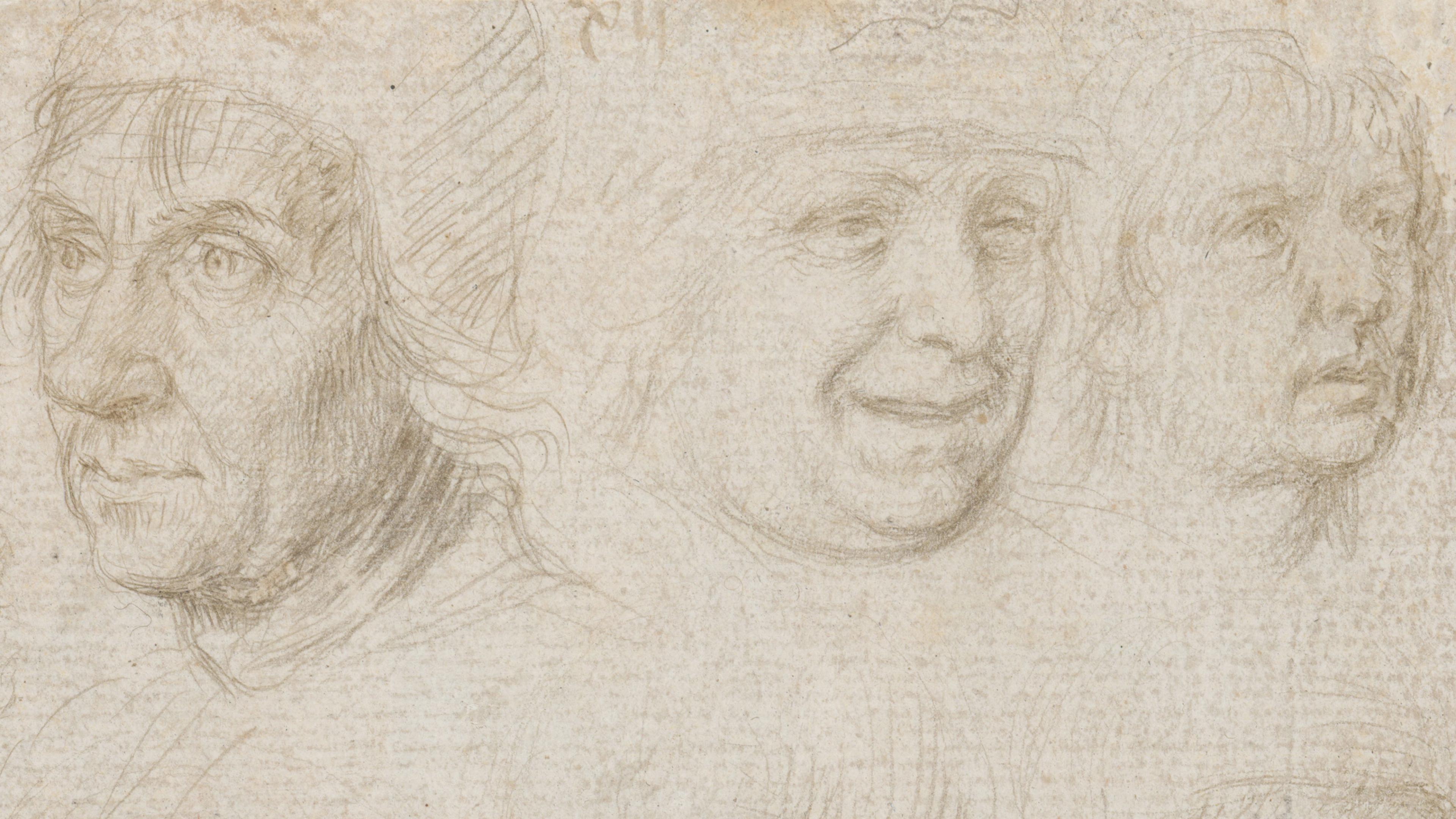 A detailed sketch of the faces of three men in Renaissance caps looking in different directions.