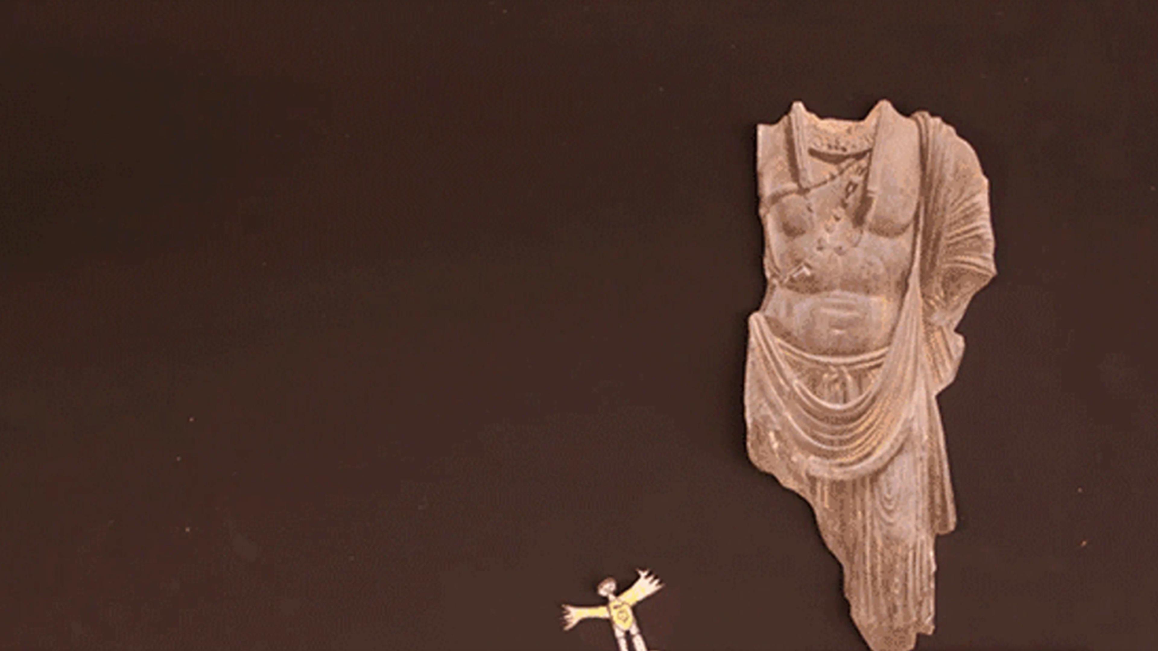 Small animated figure with arms outstretched in front of the beige torso of a bodhisattva.