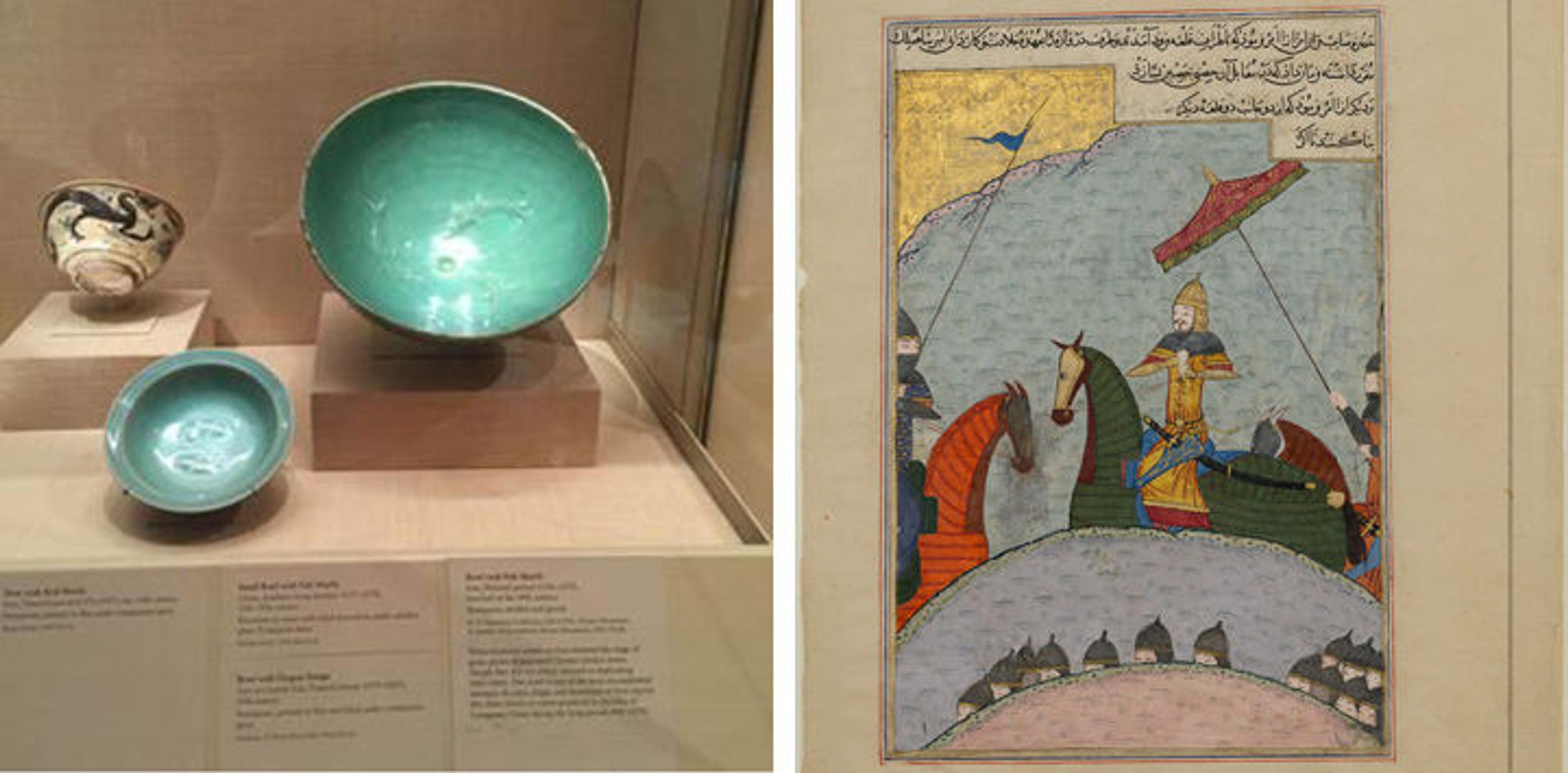 Display case with bowls from Central Asia and Iran; illuminated manuscript page