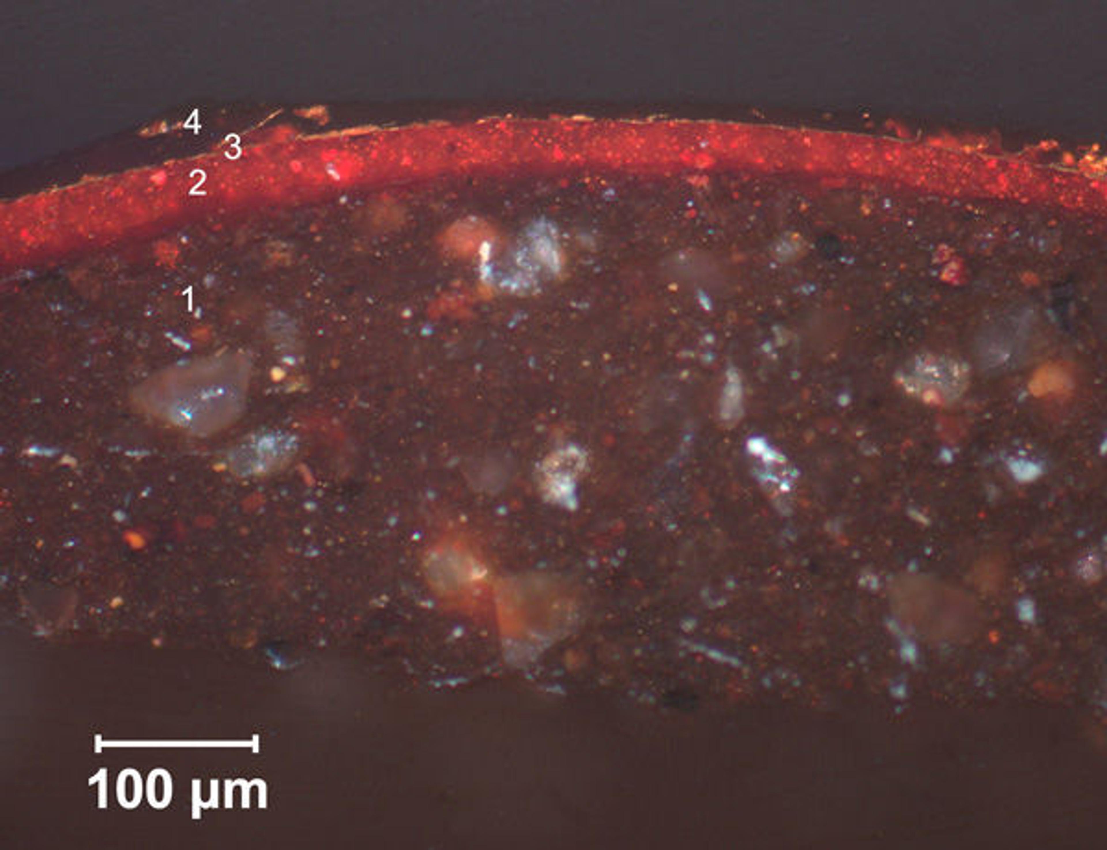 Photomicrographs of a cross section, obtained from a sample taken from the base of the Vajrabhairava, in regular reflected light.