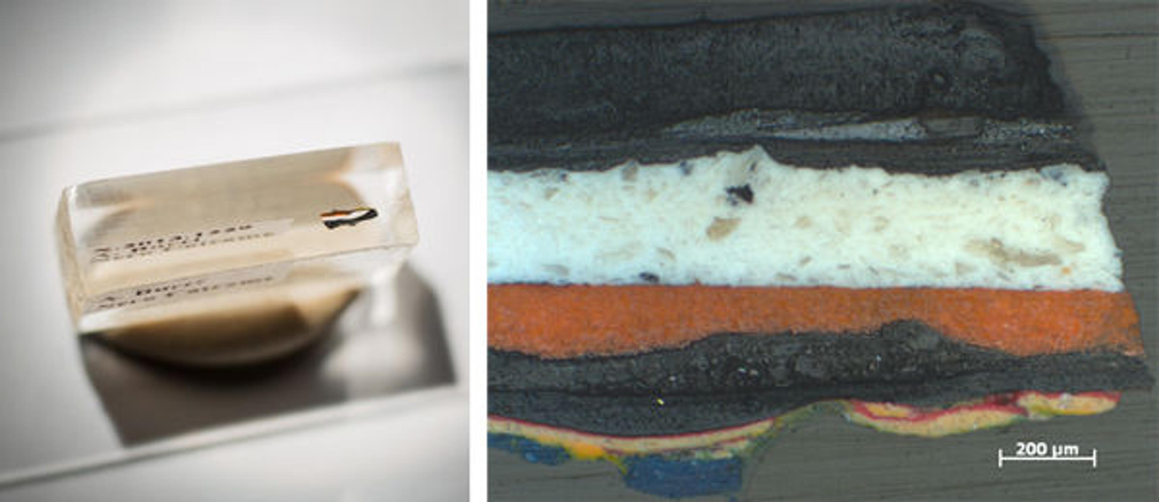 Paint sample and polarized light image of the sample