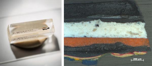 Paint sample and polarized light image of the sample
