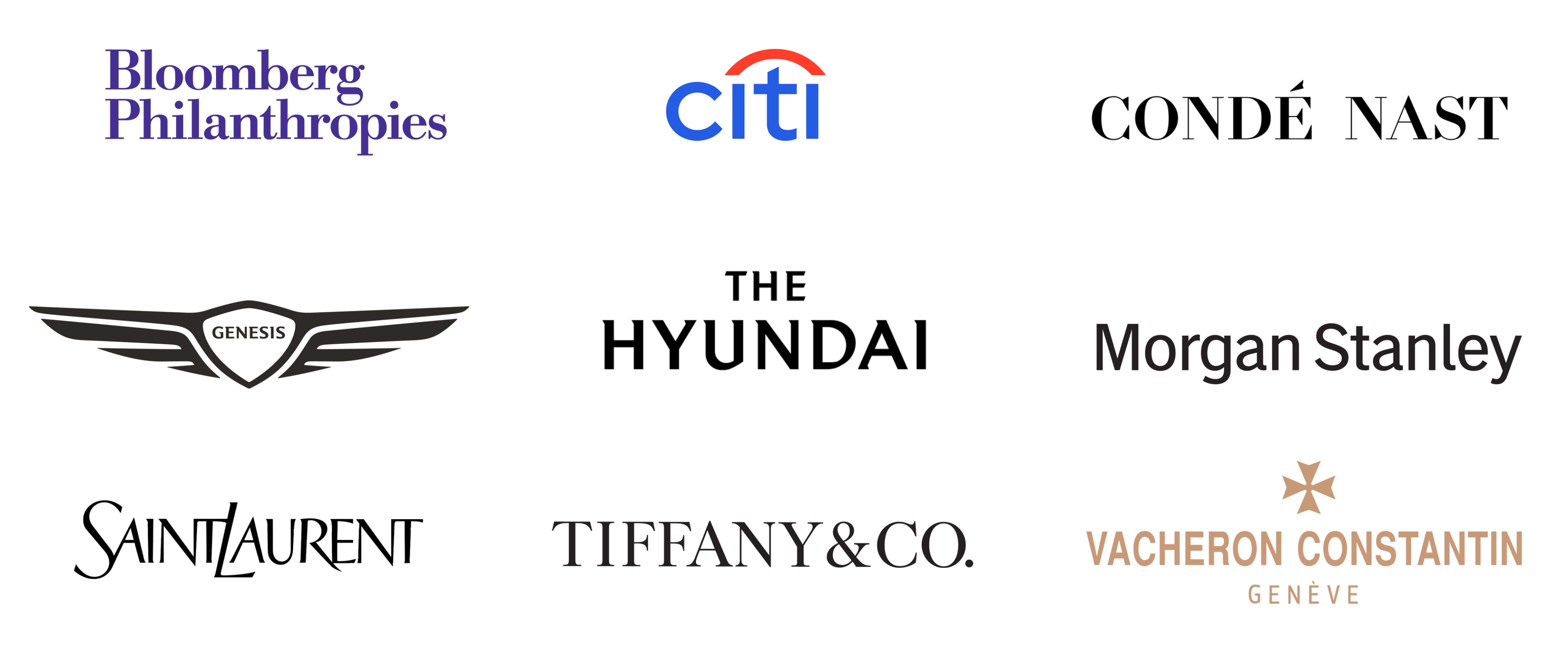 Logos of various brands including Bloomberg Philanthropies, Citi, Condé Nast, Genesis, Hyundai, Morgan Stanley, Saint Laurent, Tiffany & Co., and Vacheron Constantin.