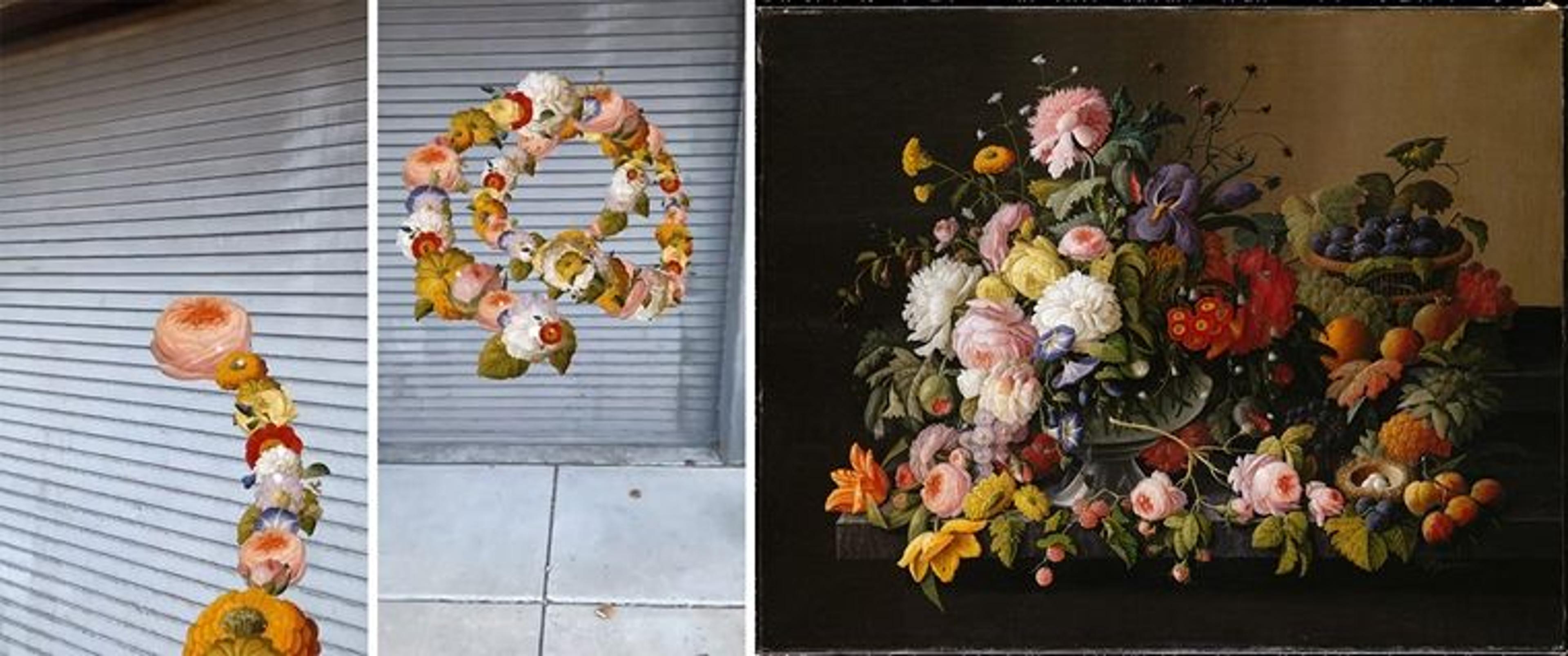 Left: two images of digitally rendered flower chains floating in mid-air in front of a shuttered security gate. Right: an oil painting of an overstuffed vase covered in flowers and fruit.