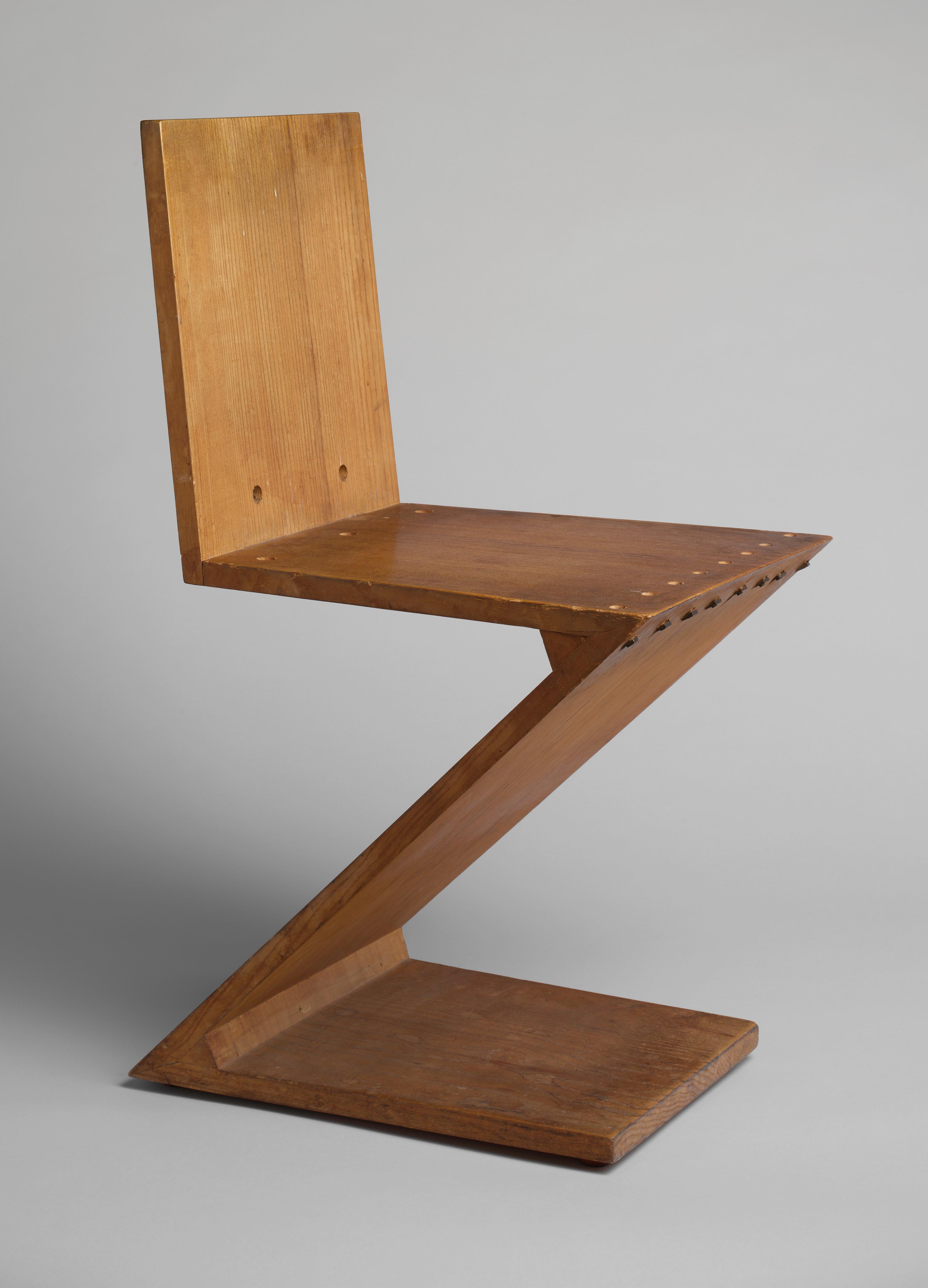 Zig-zagged shaped wooden chair.