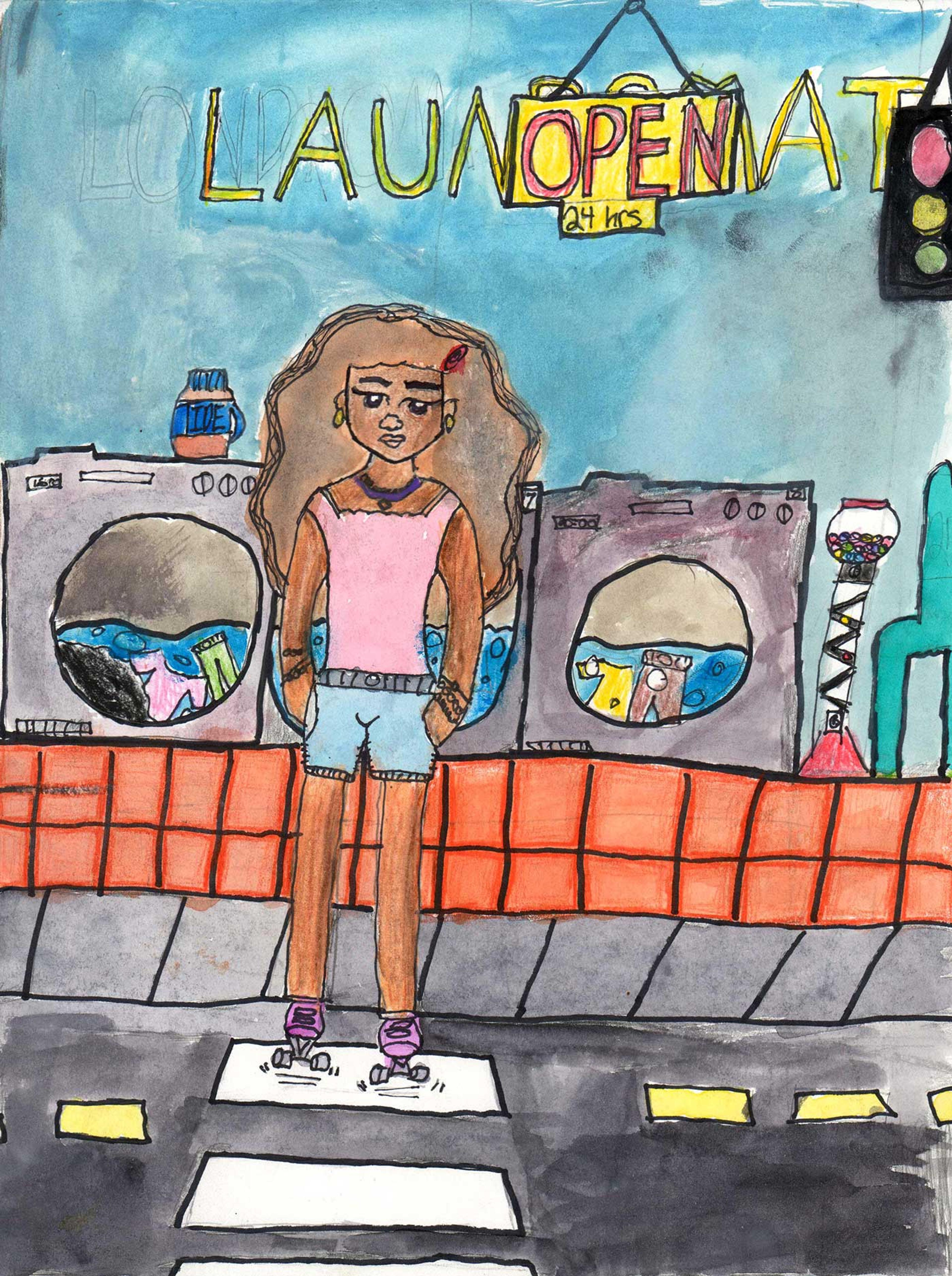 Painting of a girl on roller skates standing in front of a laudromat.