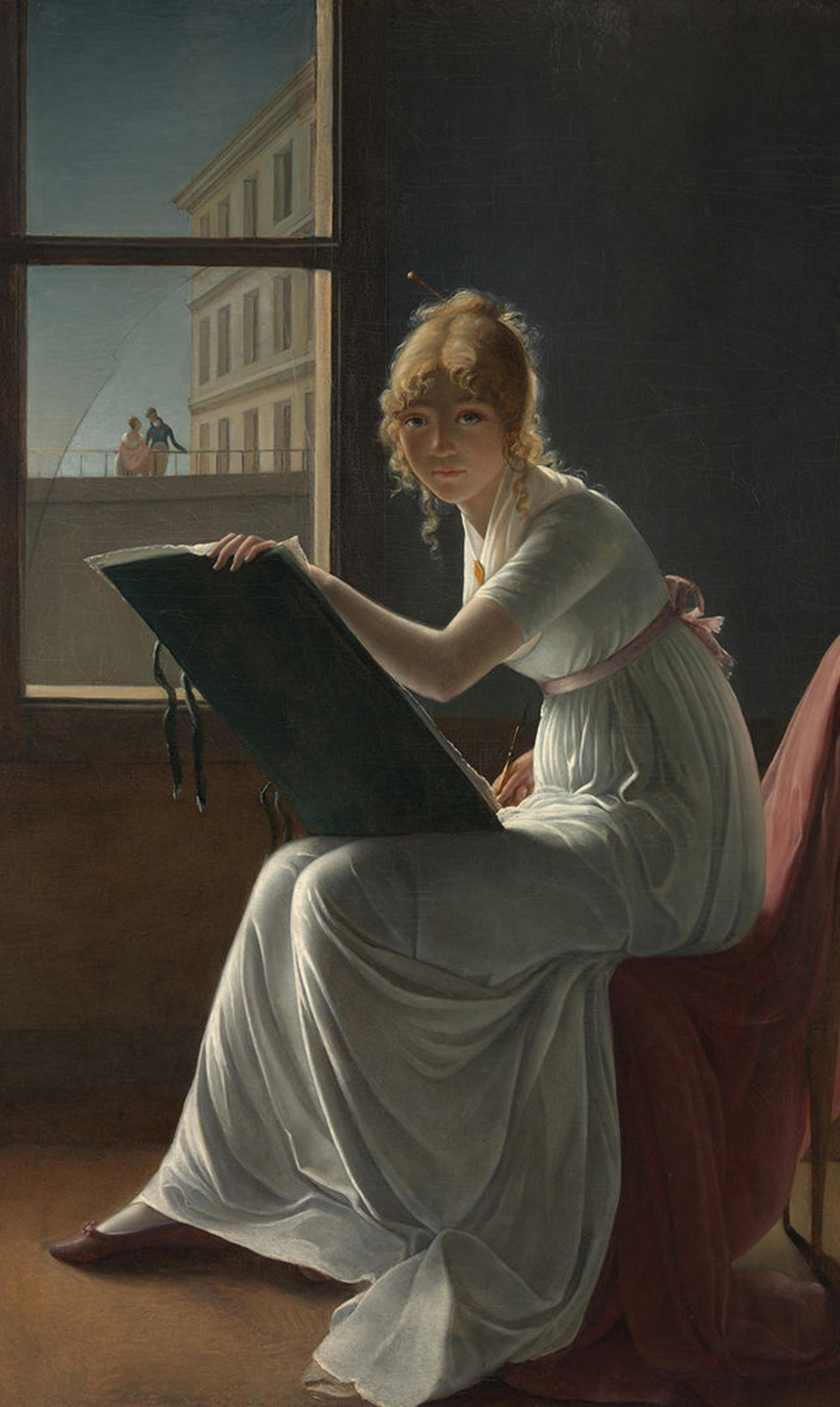 Detail of Marie Denise Villers’s portrait of a young woman artist seated and sketching at her easel.