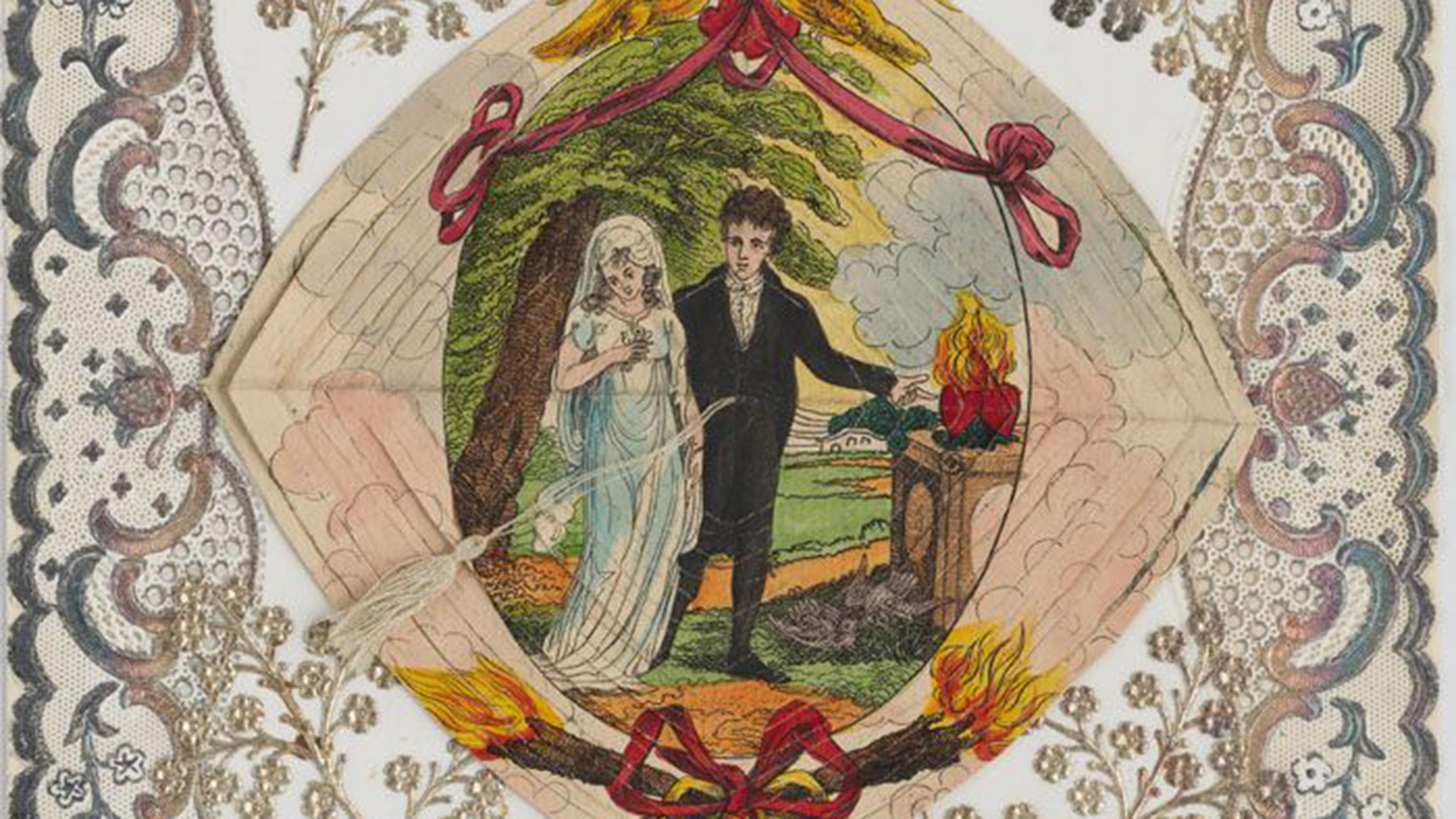 Lithograph and watercolor valentine of a couple and an altar of love.