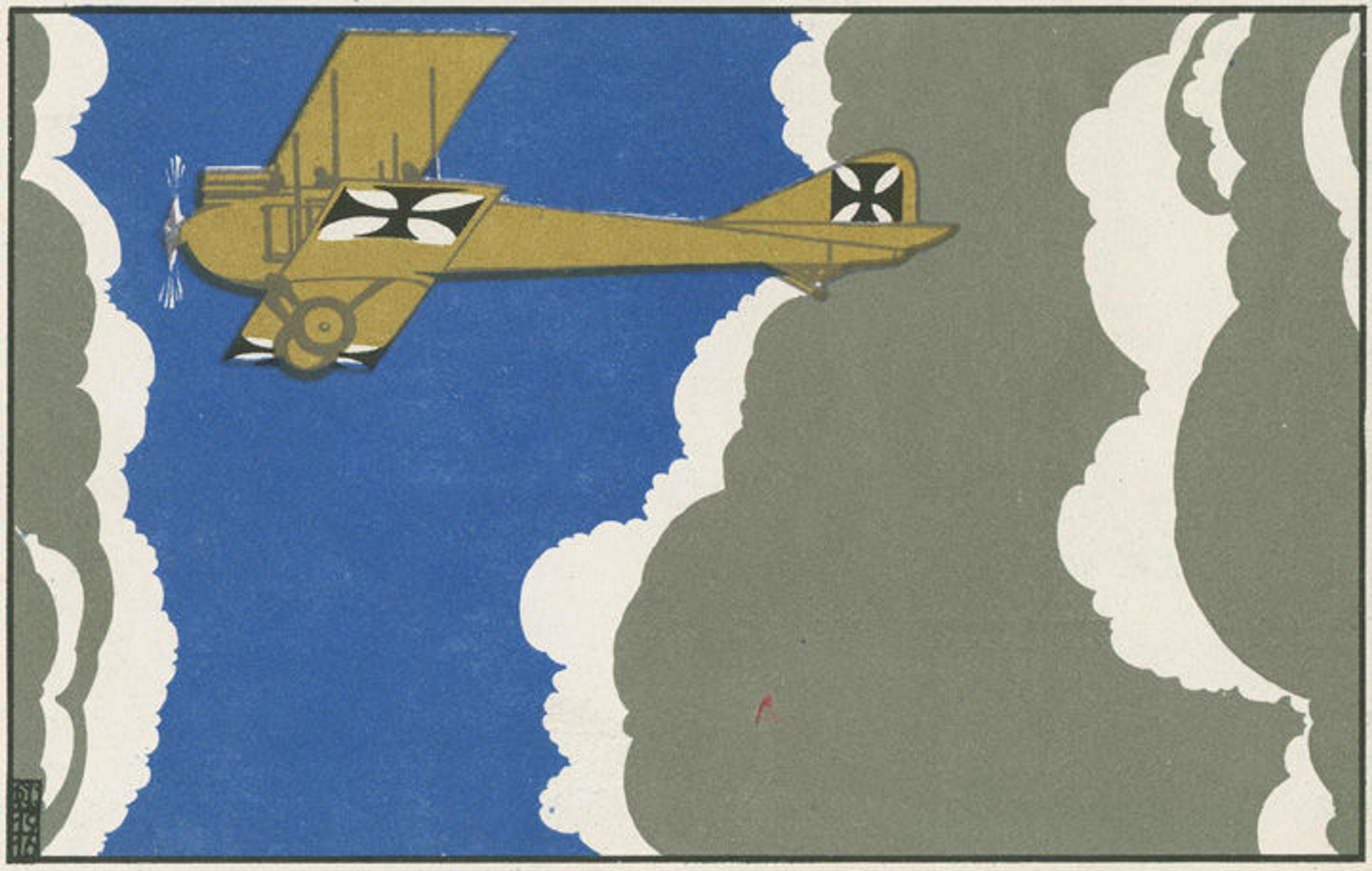 1915-16 postcard depicting a war plane against a dark-blue sky filled with gray clouds
