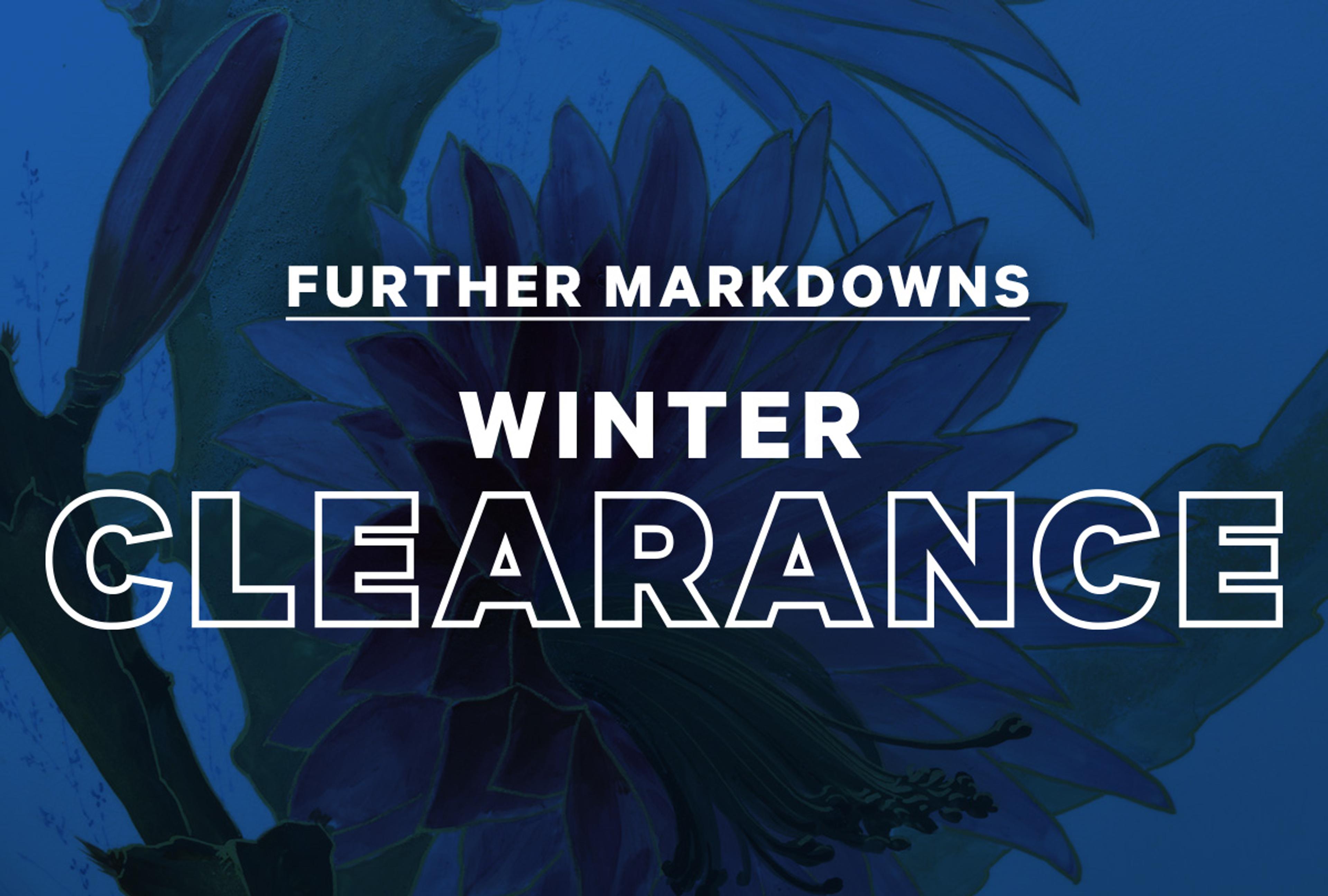 White text on a patterned blue background that reads "Further Markdowns: Winter Clearance" 
