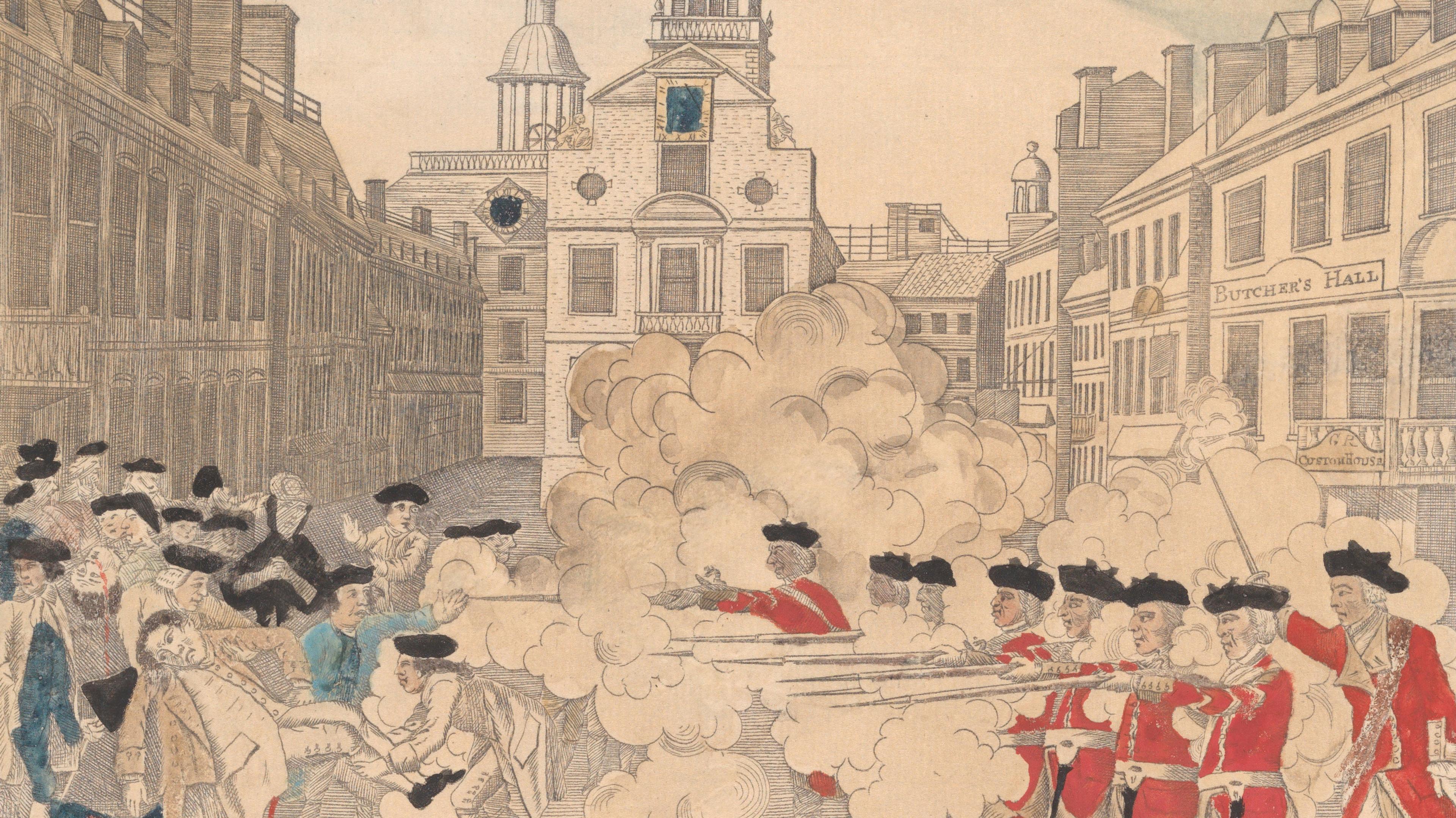 Illustration of active battle between two sides. One side in red and the other in blue. Guns drawn and wounded bodies. 