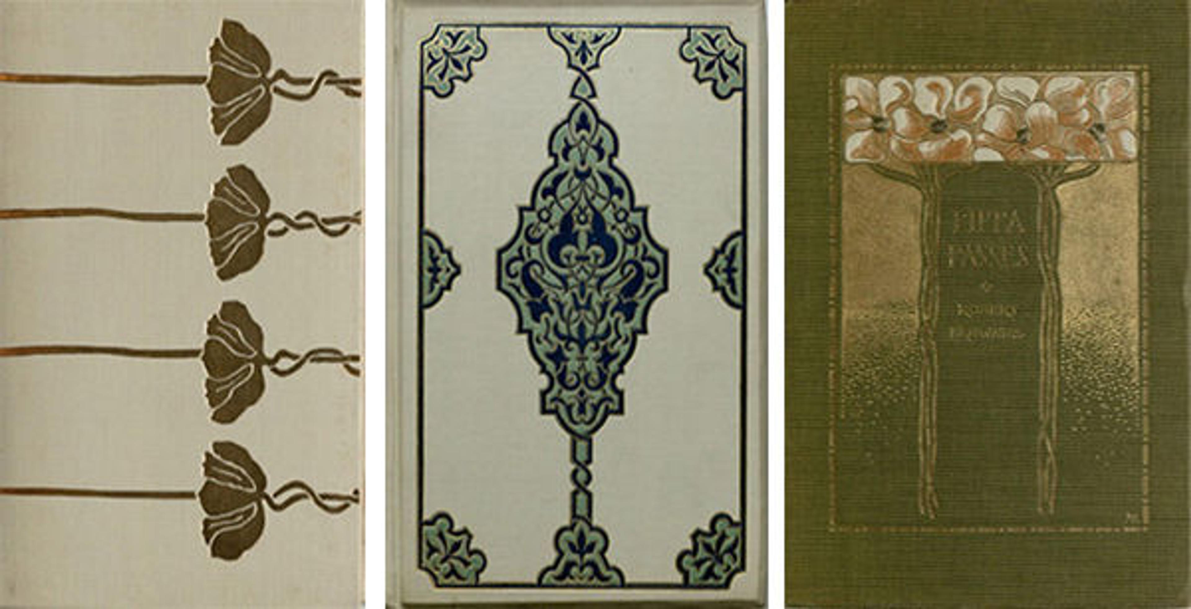 The Marble Faun, designed by Sarah Whitman (Nathaniel Hawthorne. Boston; New York: Houghton Mifflin, & Co., 1899); Center: The Alhambra, designed by Alice Morse (Washington Irving. New York: G.P. Putnam’s Sons, 1891); Right: Pippa Passes, designed by Margaret Armstrong (Robert Browning. New York: Dodd Mead & Co., 1901)