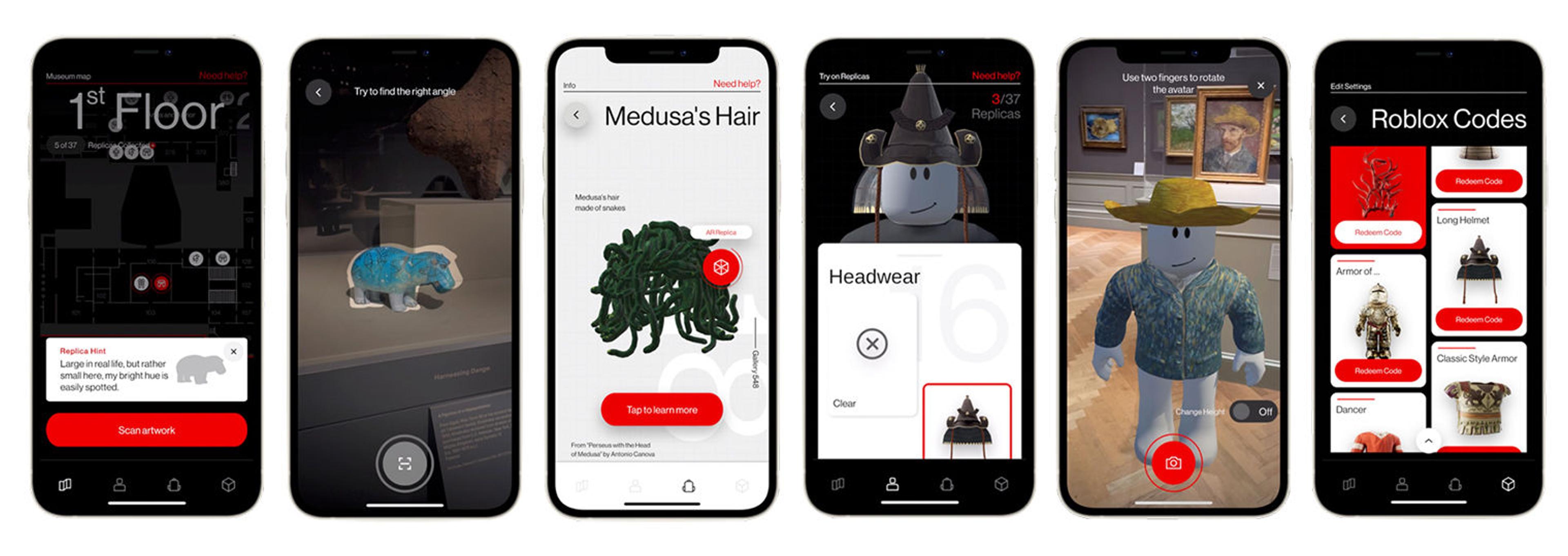 Six iPhones showing user interface of Replica