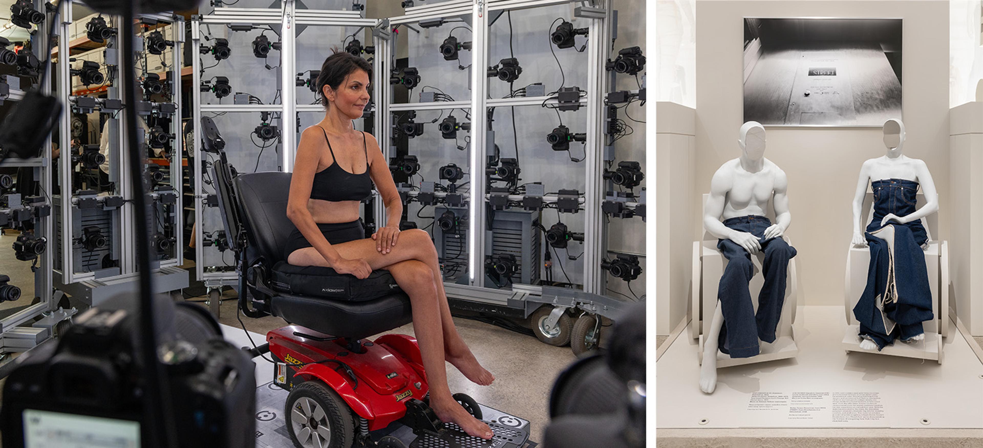 Split image: smiling woman on a red mobility scooter surrounded by cameras; museum display shows mannequins wearing jeans, conveying fashion and accessibility.