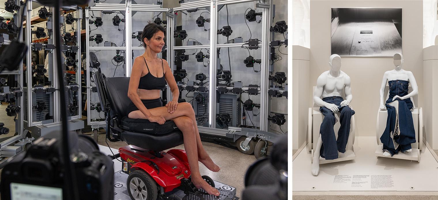 Split image: smiling woman on a red mobility scooter surrounded by cameras; museum display shows mannequins wearing jeans, conveying fashion and accessibility.
