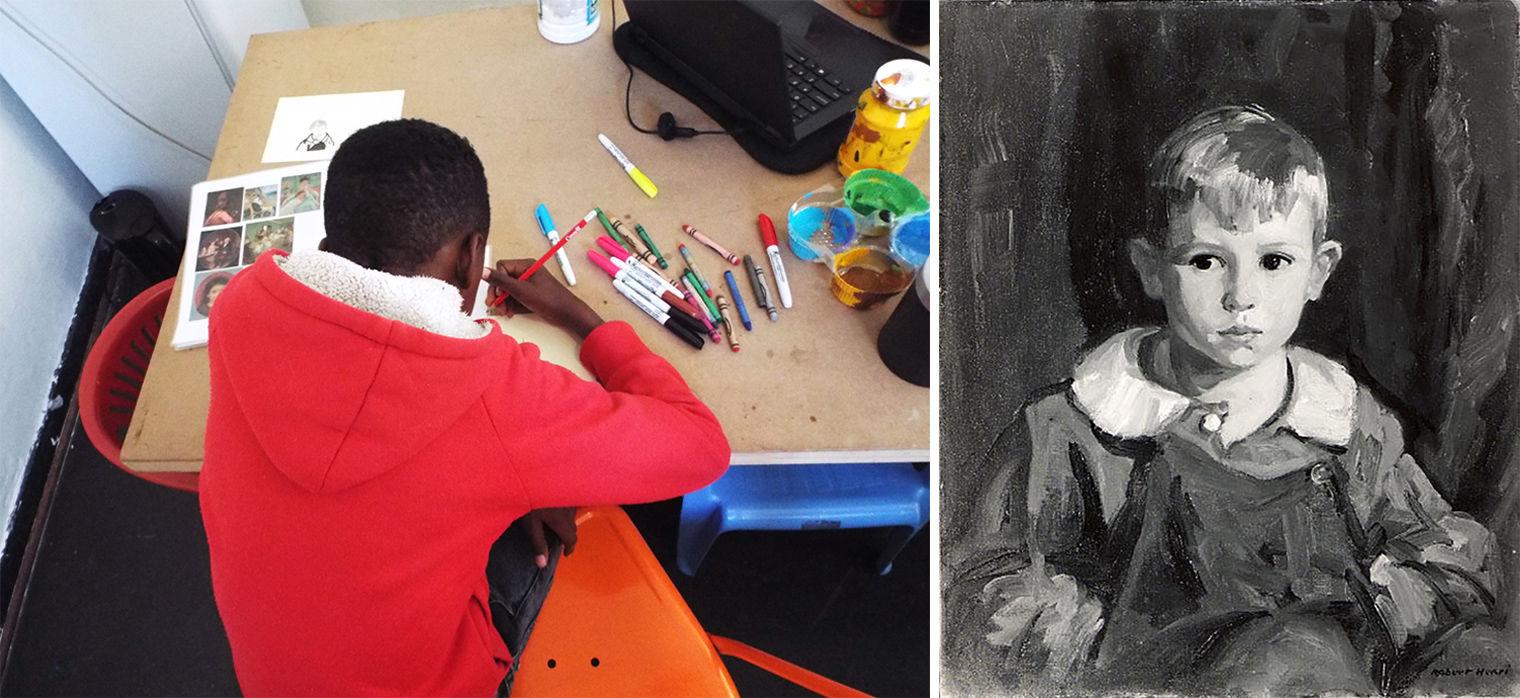 Lehlohonolo (left), a boy in a red hoodie, draws with colored pencils. He was inspired by John, a portrait by Robert Henri (right).