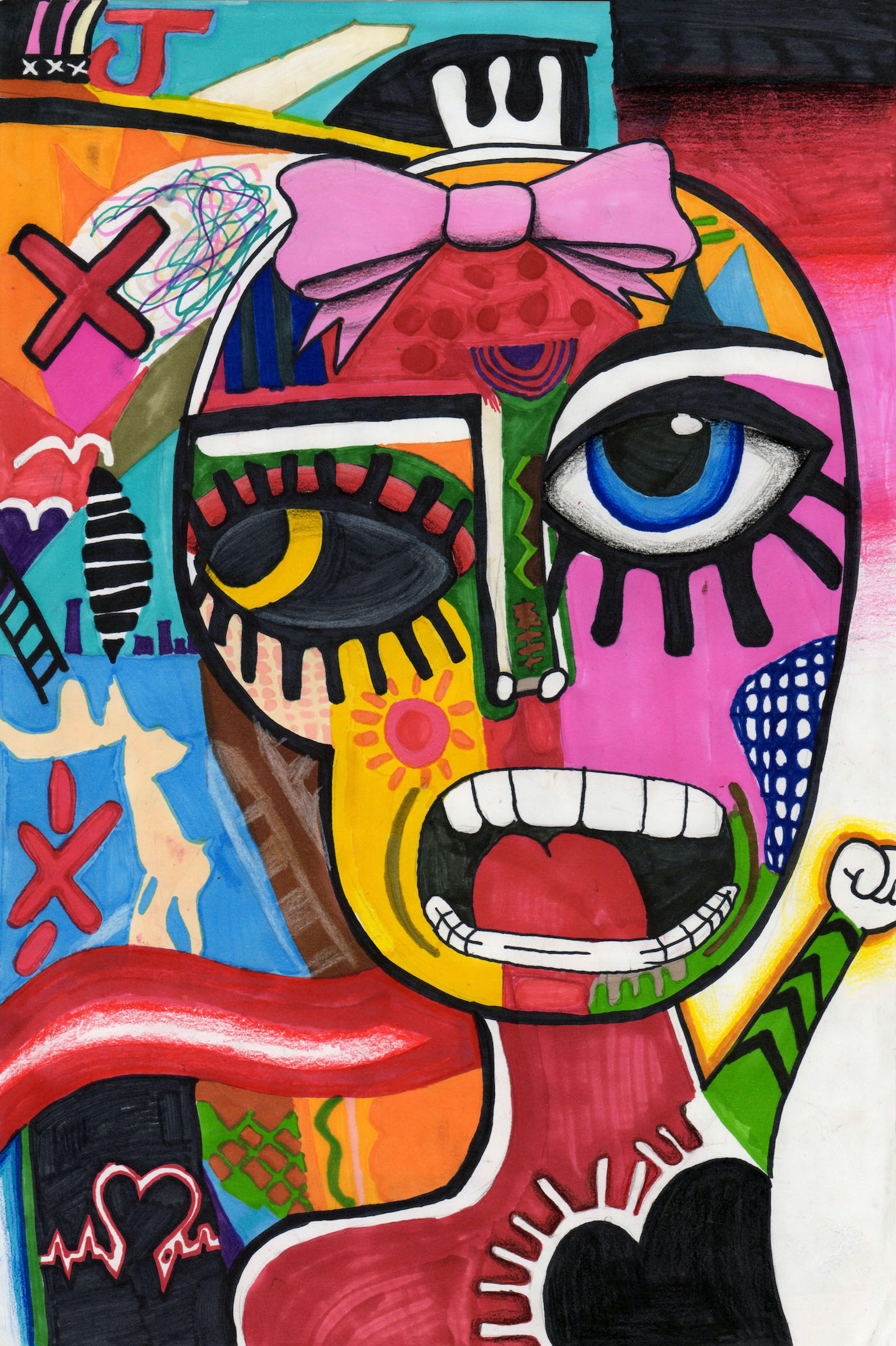 Acrylic marker self portrait of a middle school aged girl. She is drawn in a colorful abstract style with a Dia de los Muertos influence. The right side of her face is yellow, the left side is pink. She wears a pink bow tied above her forehead. Her neck and right shoulder are red, and her raised left arm is green and ringed with four black chevron stripes. A black valentine- shaped heart is drawn on her chest with short white lines extending from the top. Her right eye is black with a yellow pupil. Her left eye is white with a blue pupil. A vertical pattern of various colorful shapes extends from top to bottom on the left side of the image.