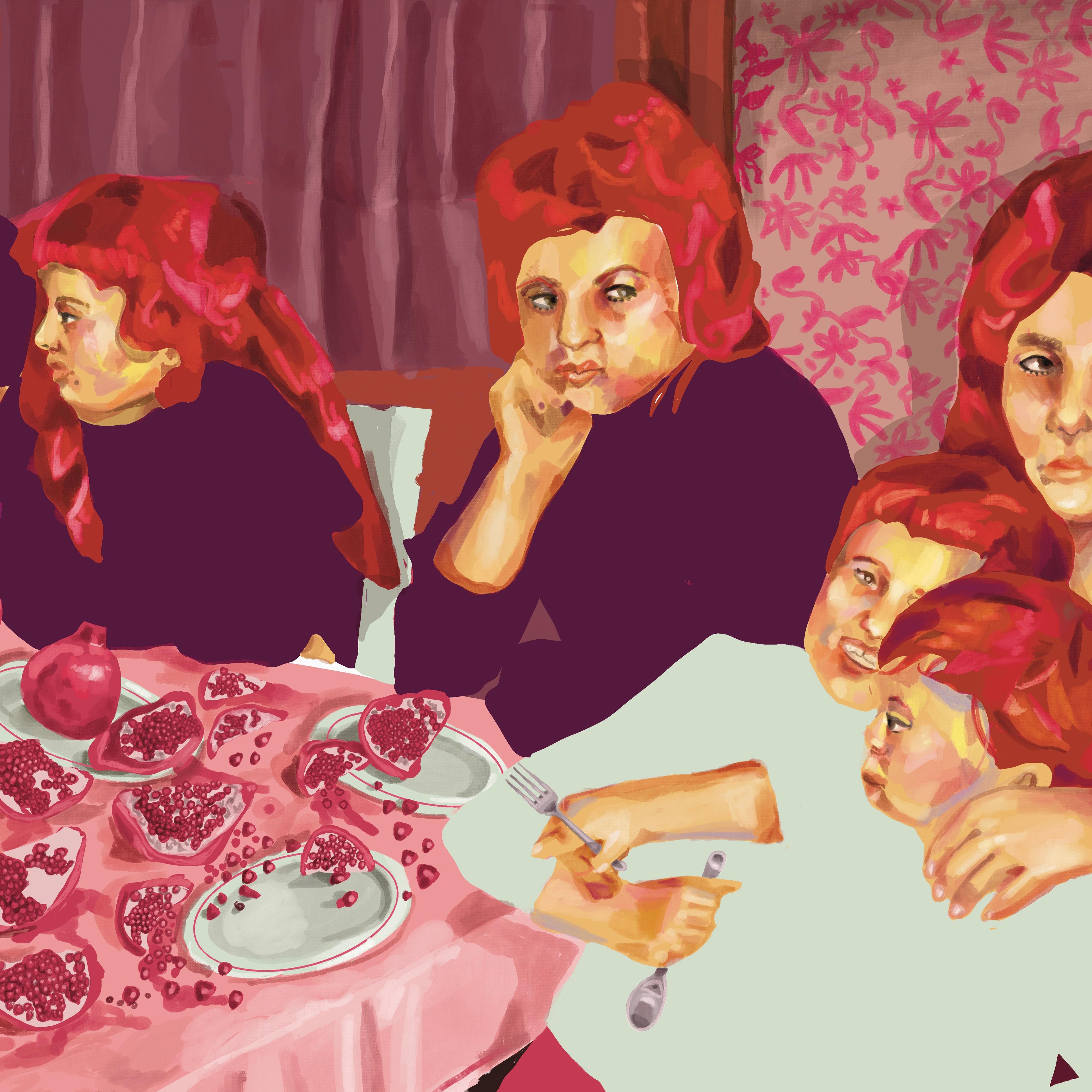 Digital image art of 3 women and 2 children sitting at the dinner table