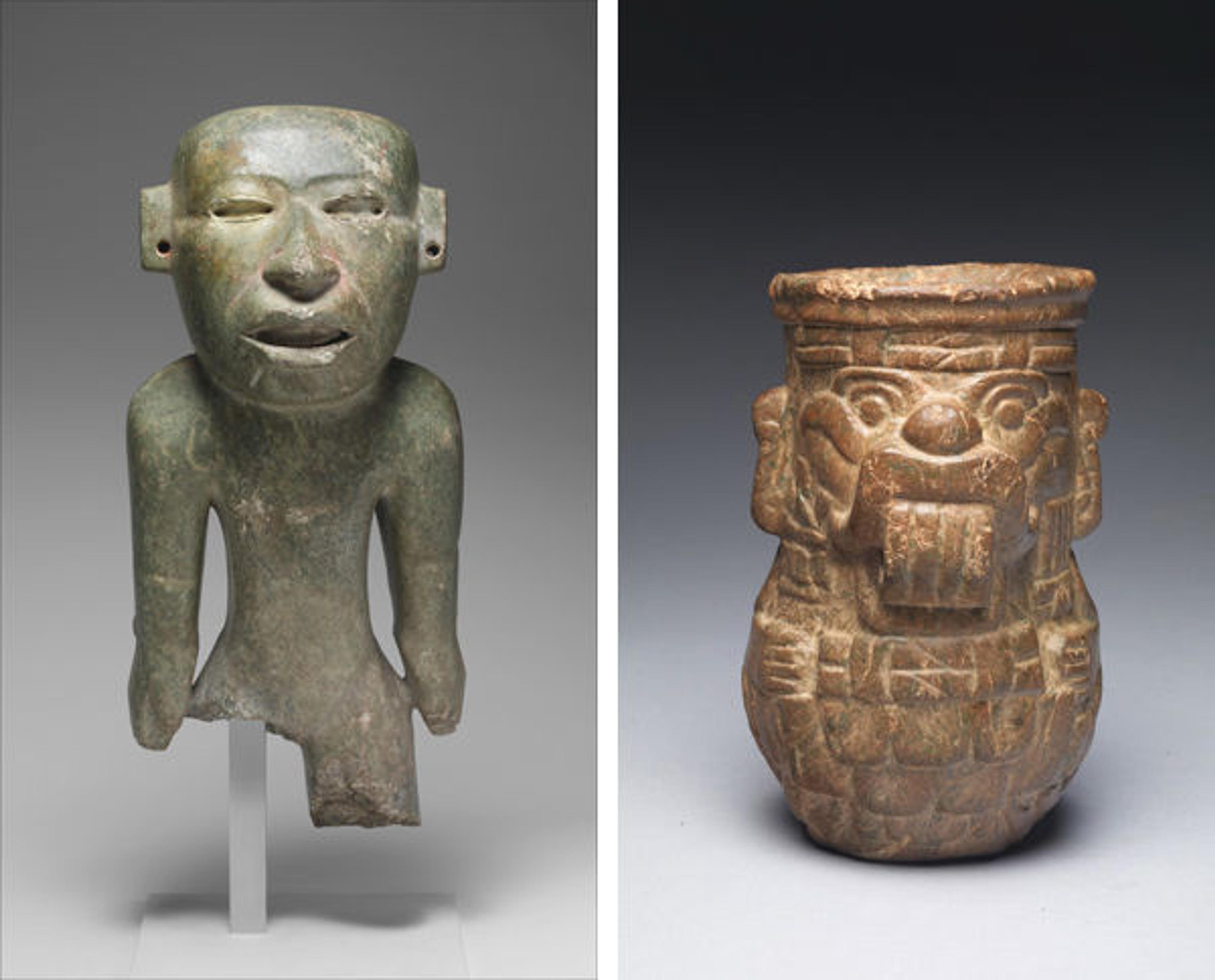 Left: Standing Figure, 3rd–7th century | Teotihuacan, Mexico, Mesoamerica | 1979.206.585 | Right: Storm God Vessel, 3rd–7th century | Teotihuacan, Mexico, Mesoamerica | 2012.530.1