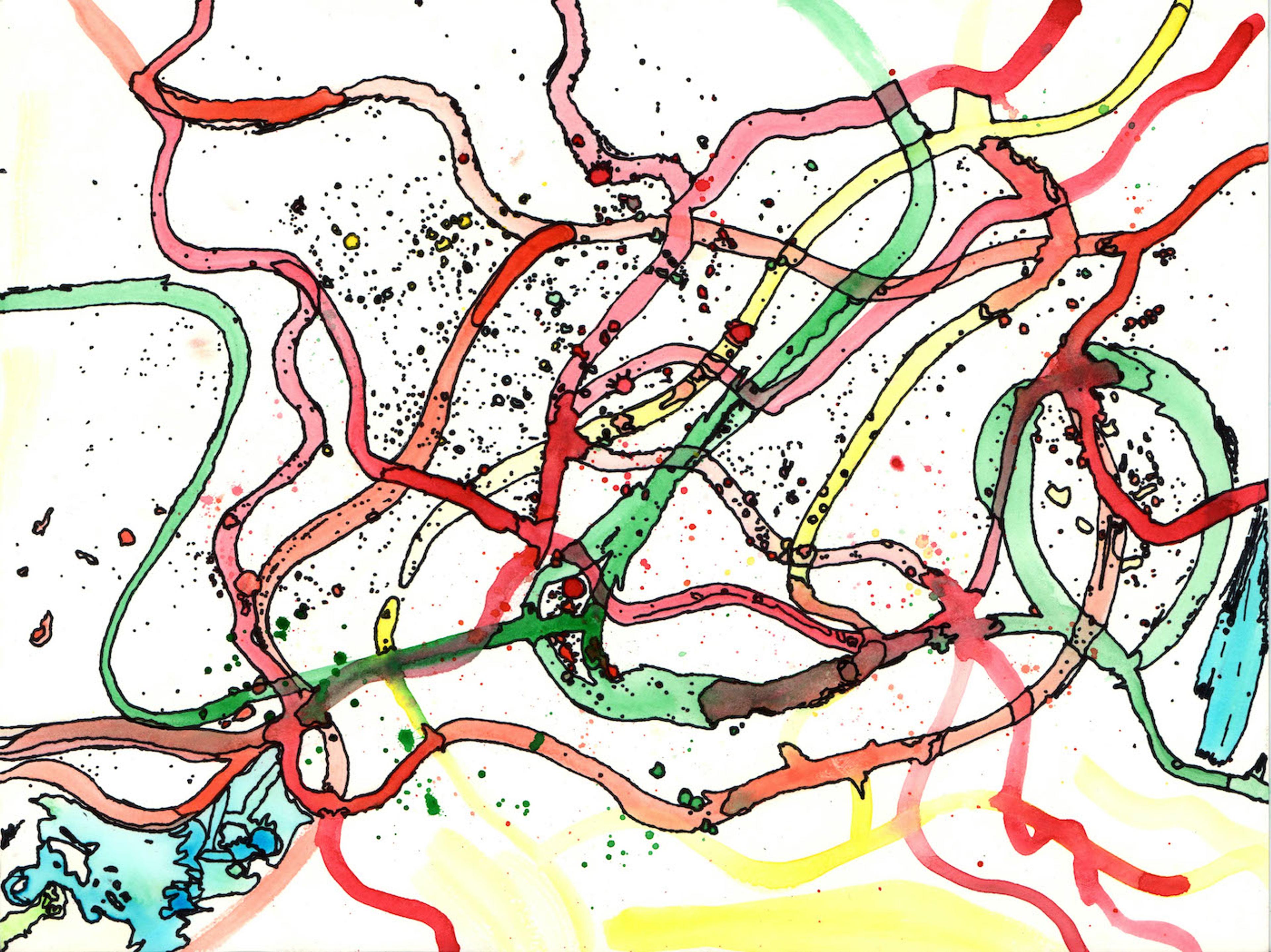 Watercolor and marker illustration of many curved and overlapping thick lines of various colors, such as red, green, yellow, and cyan. Most of the thick lines are outlined in thin black strokes. The overlapping lines suggest an arterial system, and also form the impression of a map, possibly a subway map. A large scattershot pattern of chaotic black dots overlaps the curved lines in the center of the illustration.