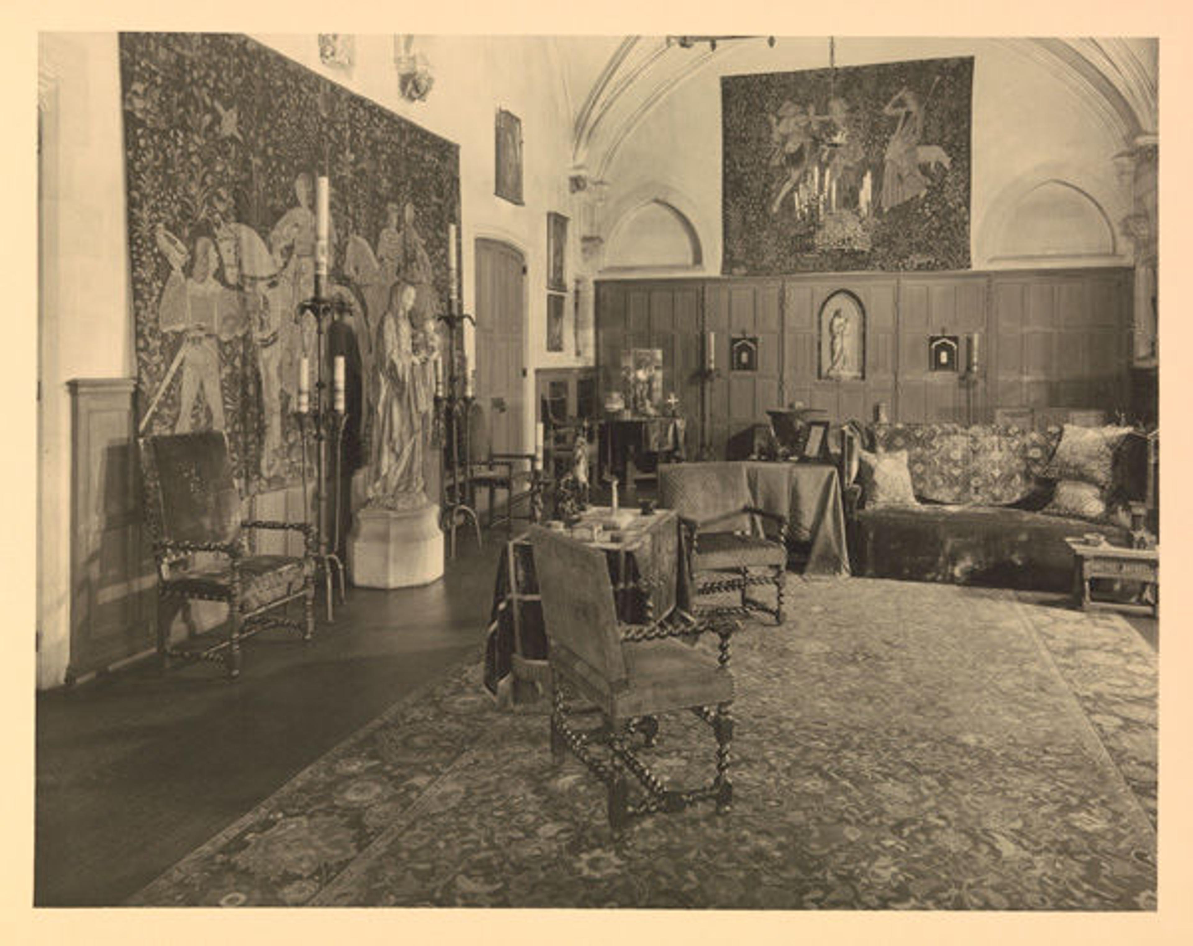 View of the Scenes from the Lives of Abraham and Isaac tapestry-woven cushion covers being used as throw pillows in the Blumenthal household. From the album The Home of George and Florence Blumenthal, Fifty East Seventieth Street, New York, 192-?. The Metropolitan Museum of Art, New York, Watson Library (106.1 B622 F)