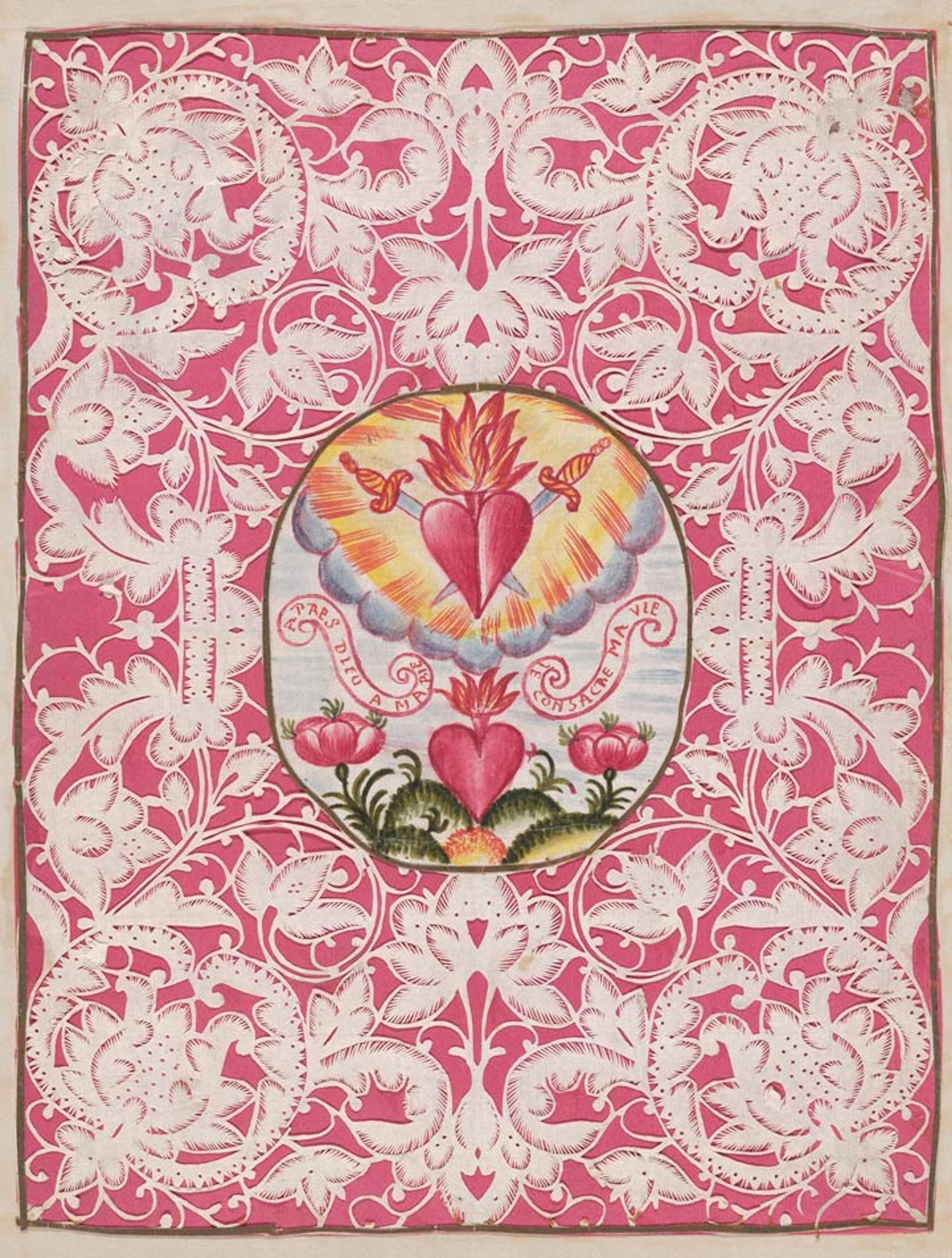 An 18th-century valentine with a central image of hearts aflame, surrounded by an intricate red-and-white design