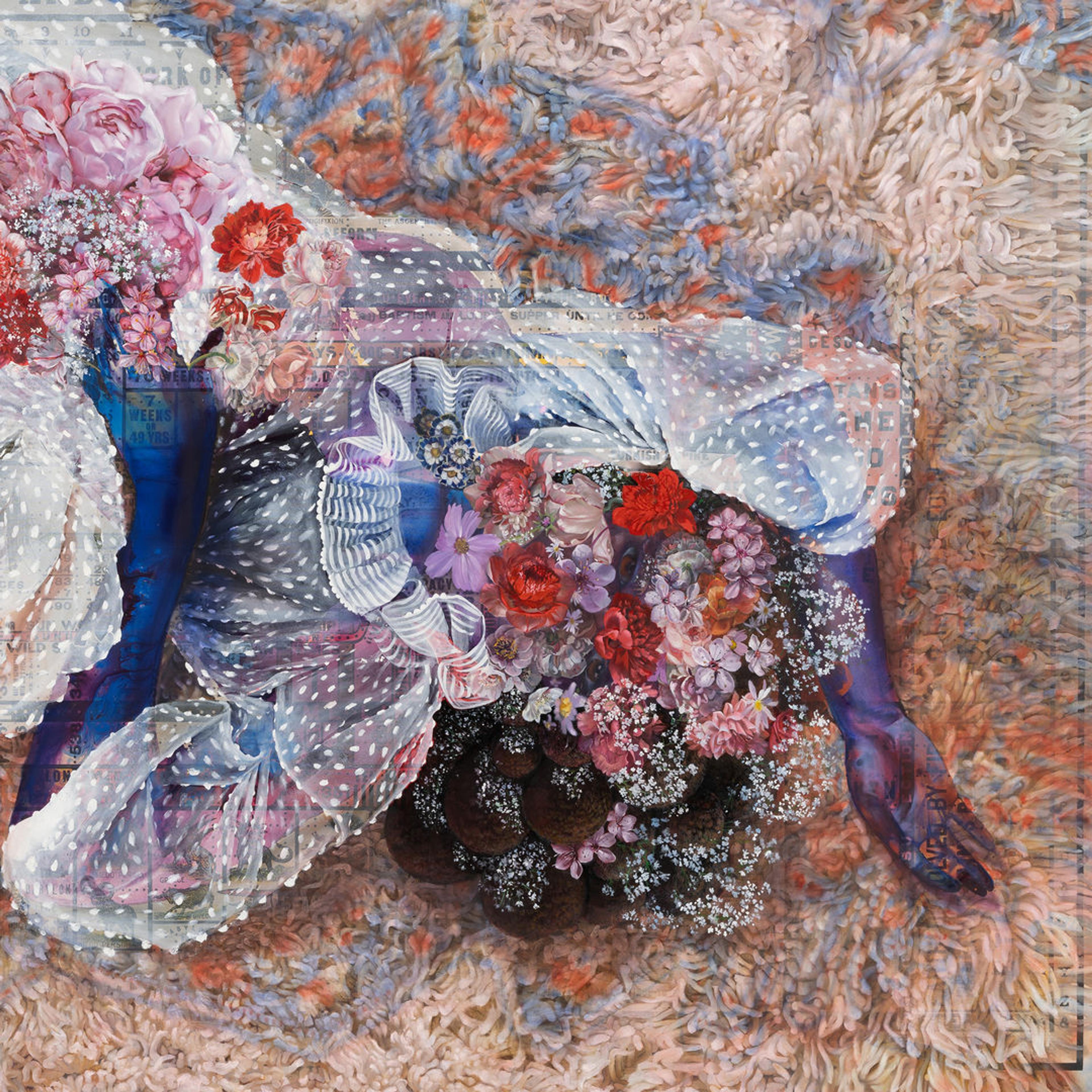 Detail of Firelei Báez’s painting of woman figure camouflaged in an expanse of dense shaggy textures and colors.