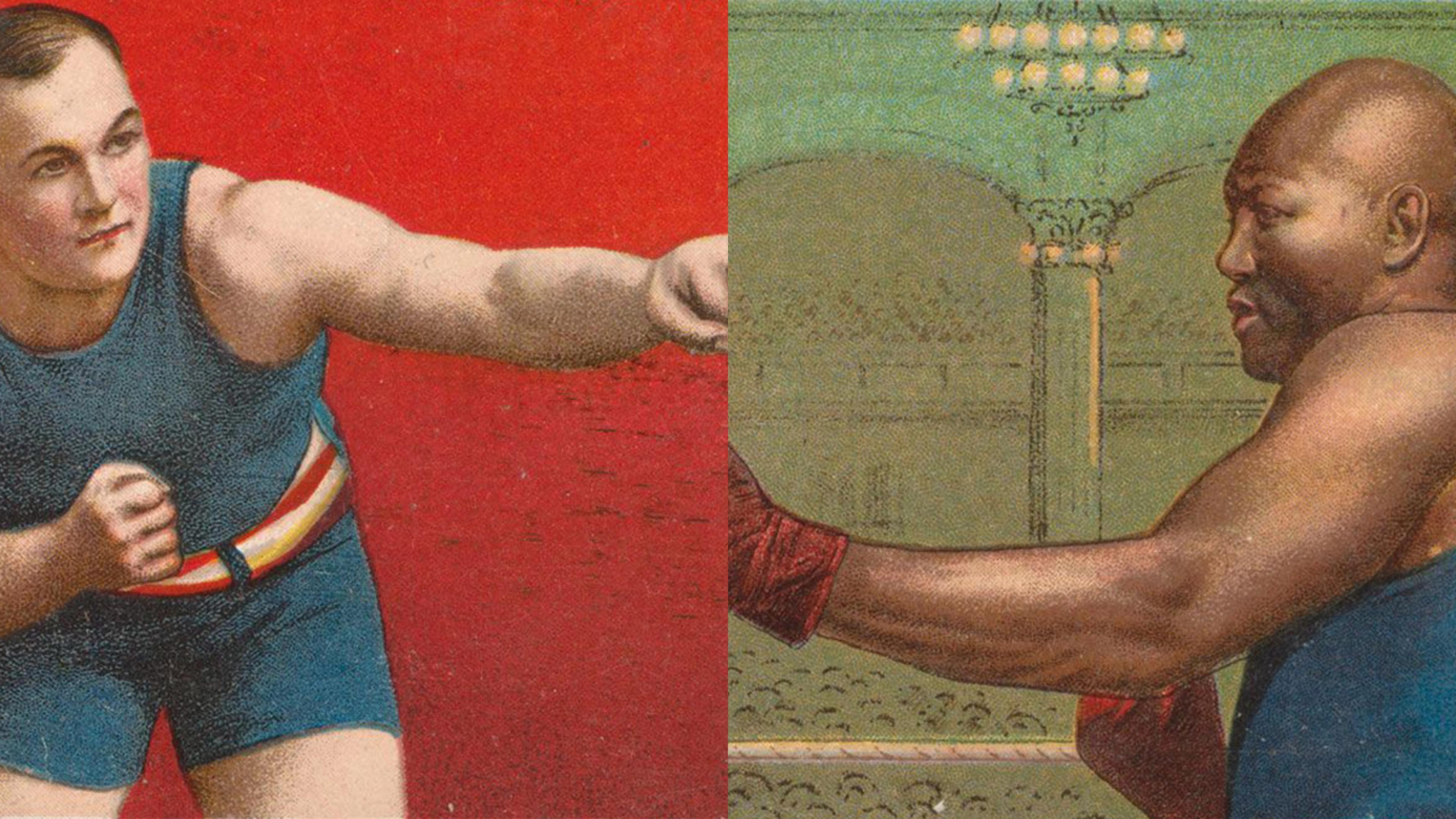 Vintage boxing cards from the early 20th century depicting James Jeffries (left) and Jack Johnson (right)