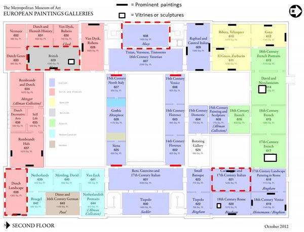 This diagram of the Department of European Paintings floor plan shows the specific galleries featured in The Grand Tour held in January 2015.