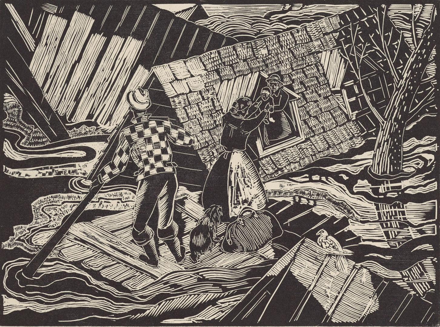 Black and white shaded drawing of a fallen house with dark figiures sitting in the dismantled liviing.