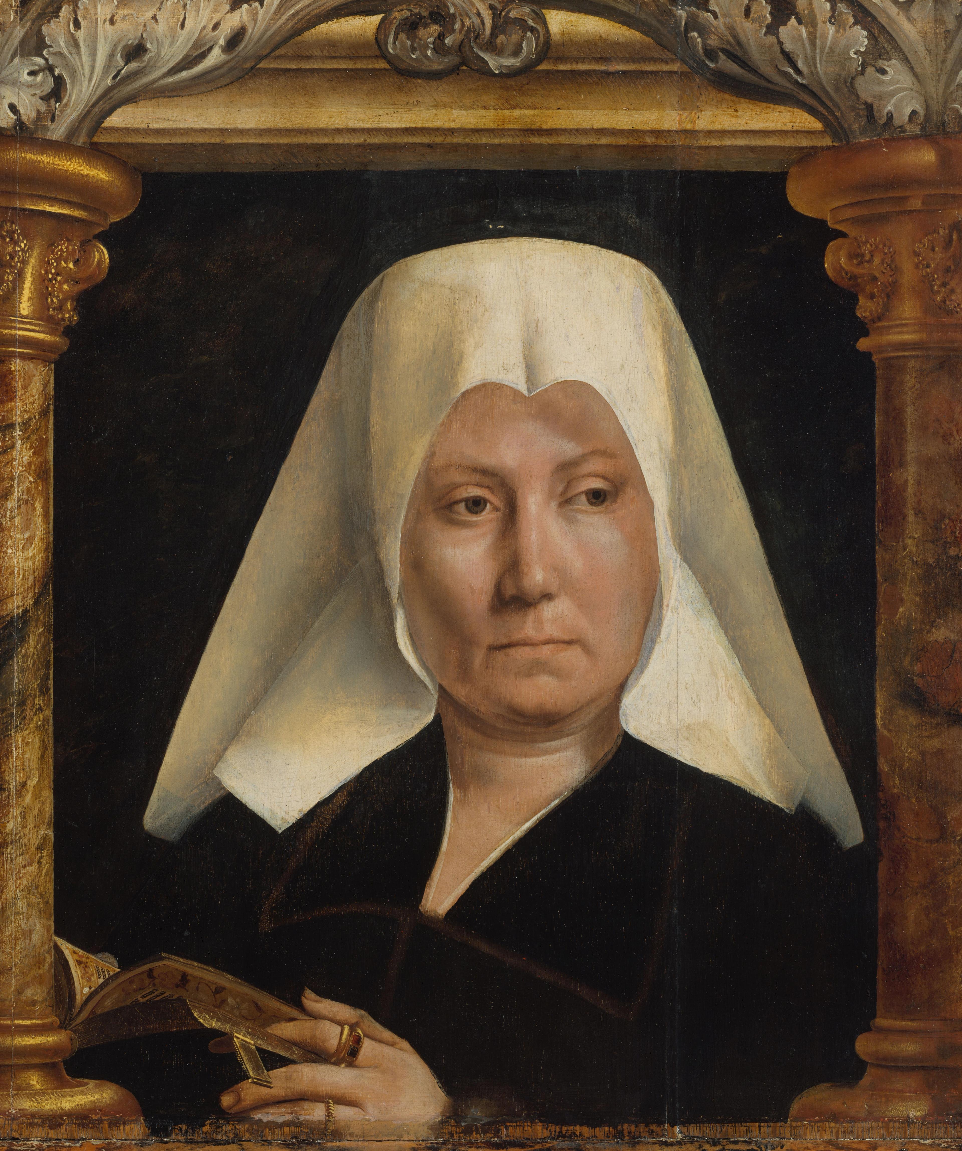A painting of a woman wearing a white headress and dark clothing, holding an open book.