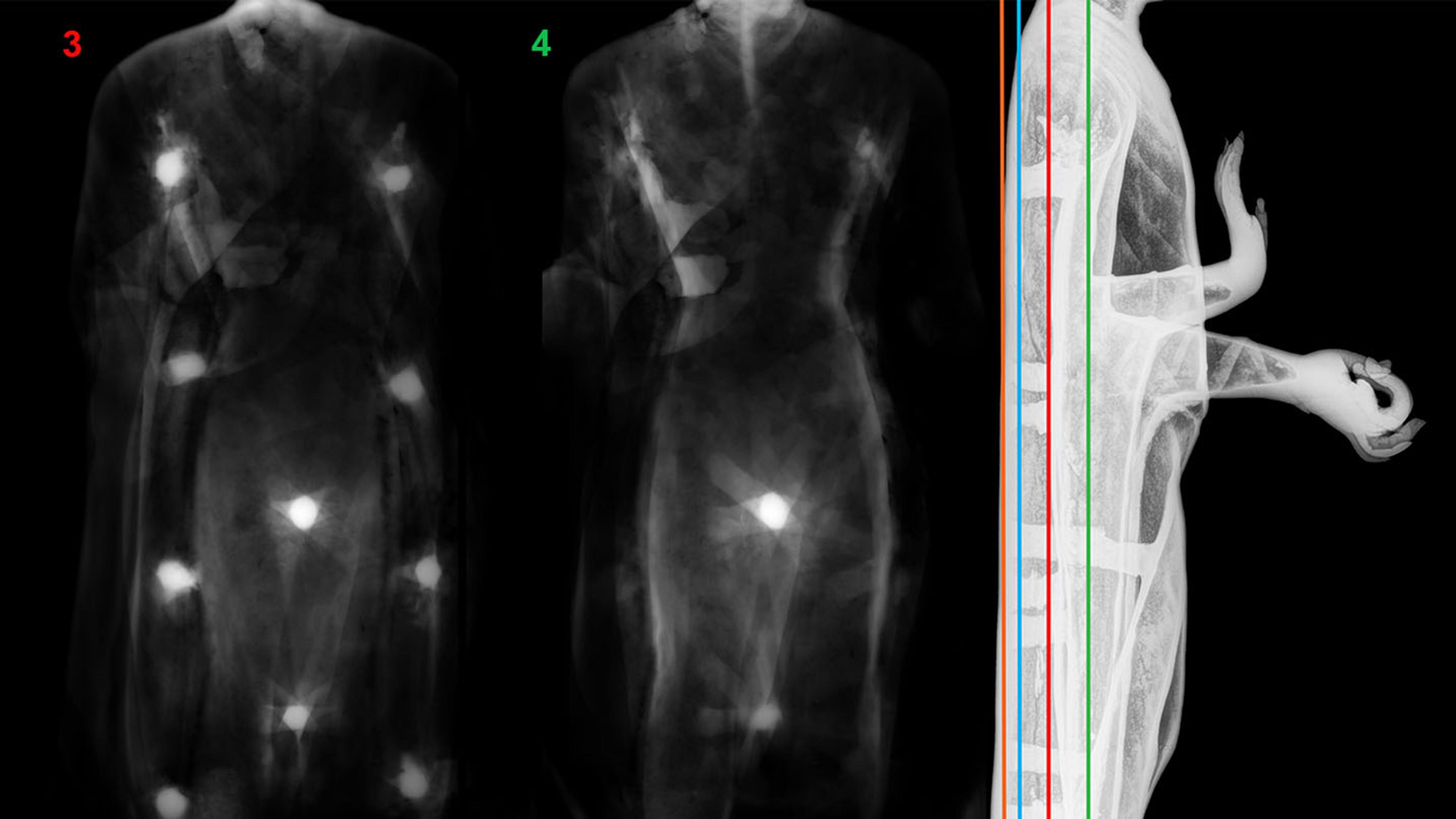 Three 3D X-ray views of the buddha: four frontal and one profile.