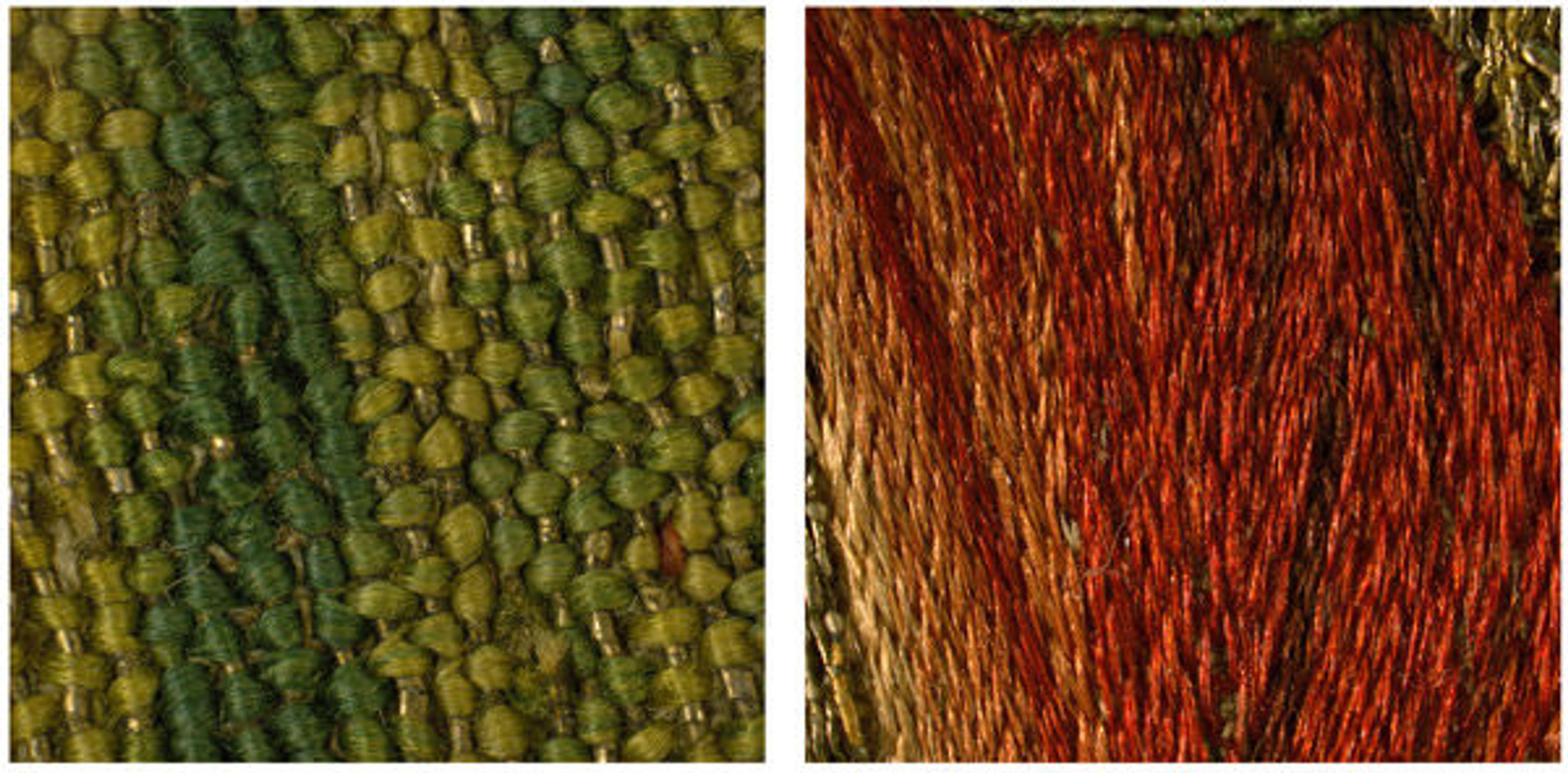 Fig. 5 a, b. Detail of the green- and red-dyed silk stitches (magnified 5x), from Saint Martin Announcing to His Parents That He Will Become a Christian (1975.1.1909) (left) and Saint Martin Brings a Dead Man to Life (1975.1.1906) (right)