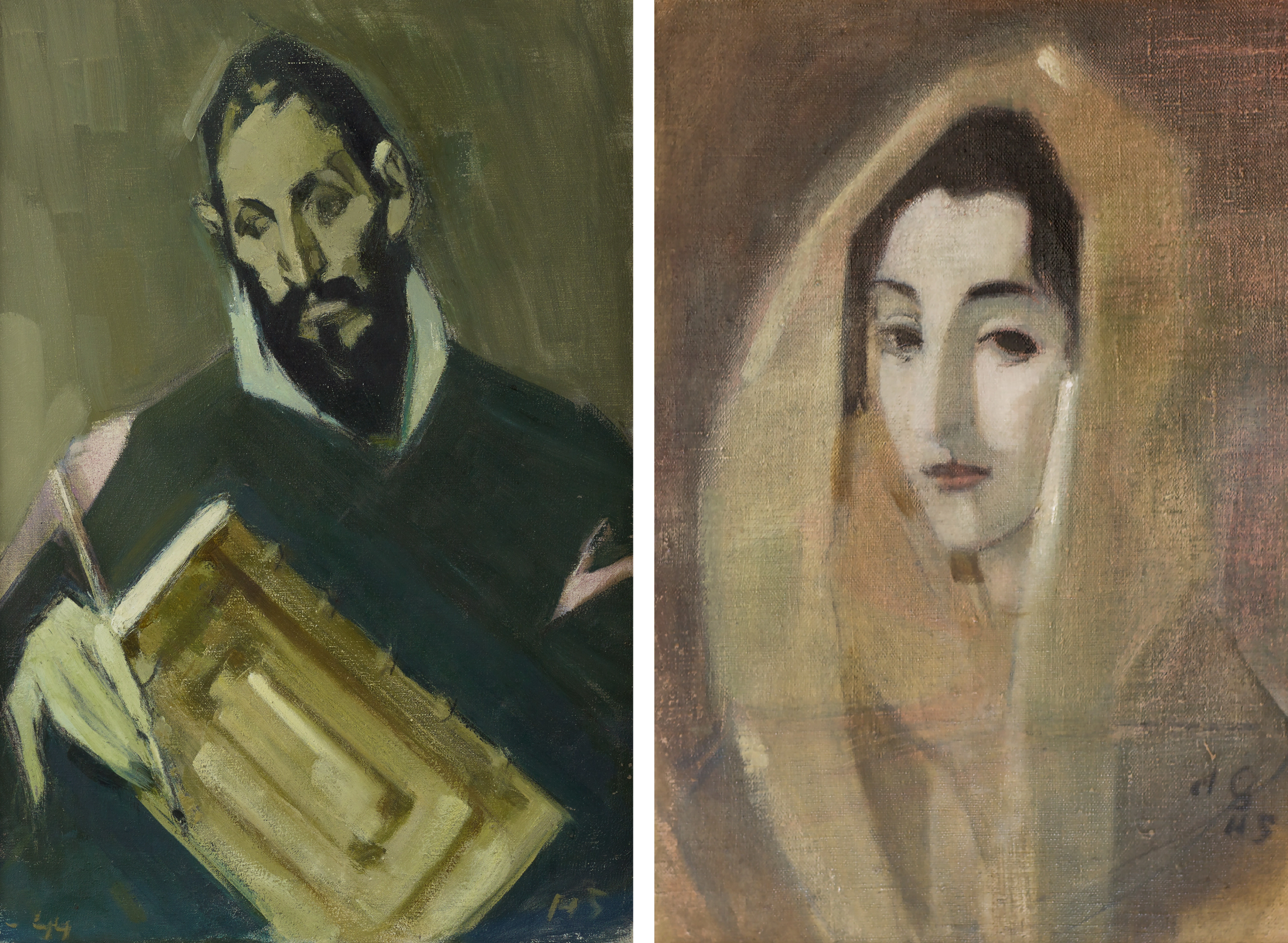 Two portraits shown side by side: on the left, a bearded man holding a book and a paintbrush; on the right, a woman wearing a light-colored veil.