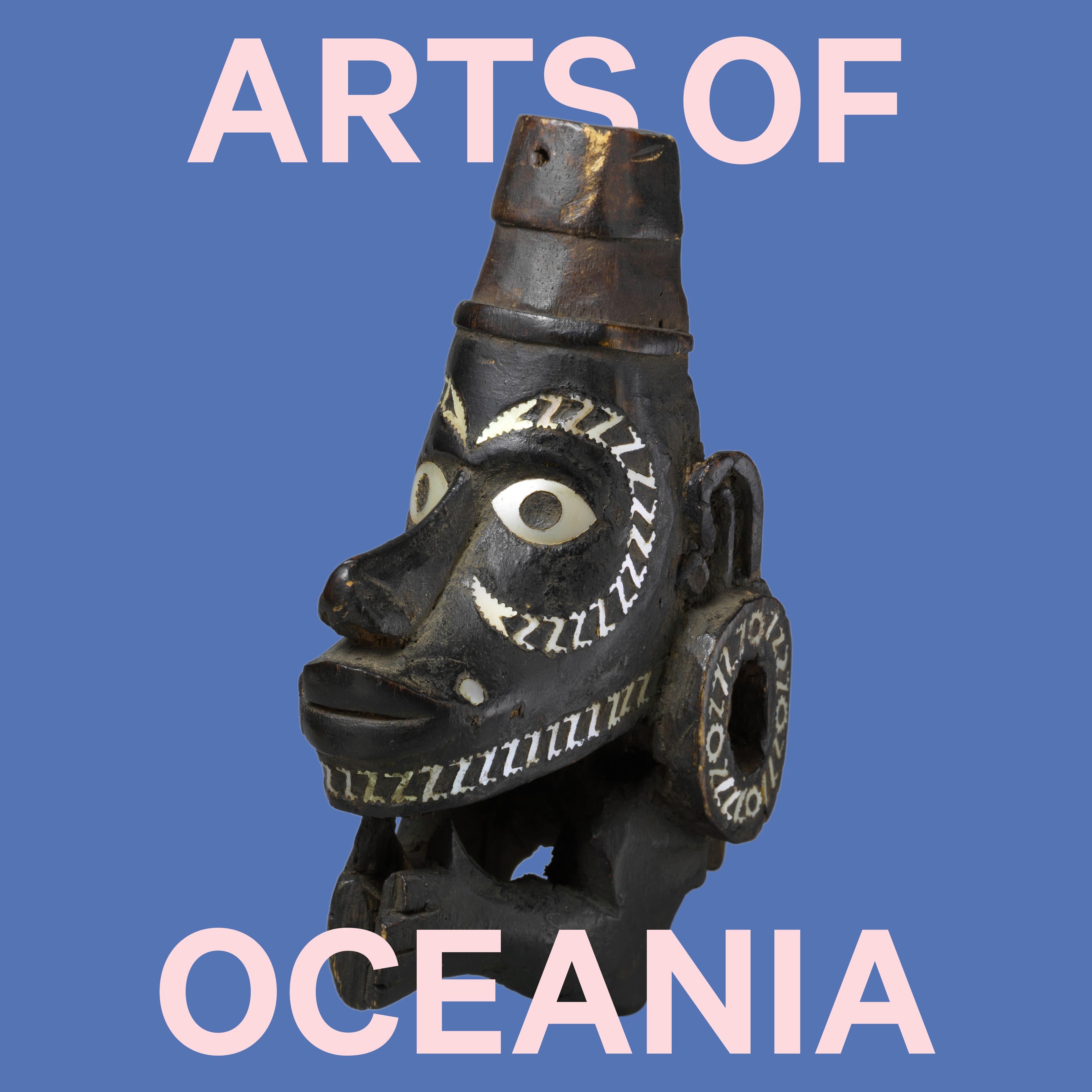 A dark human-like head with pronounced jaw, elongated head and white designs that replicate facial paint or tattoo markings presented with the words Arts of Oceania with a blue background.